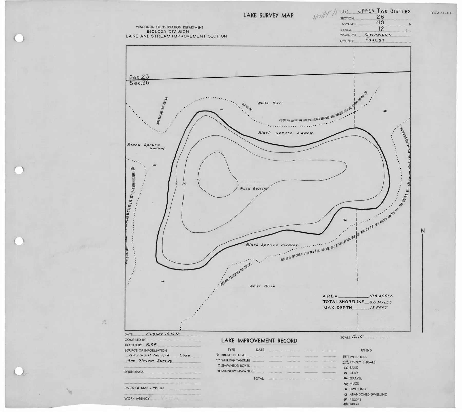 Two Sisters Lakes historical Wisconsin DNR depth map sheet 1