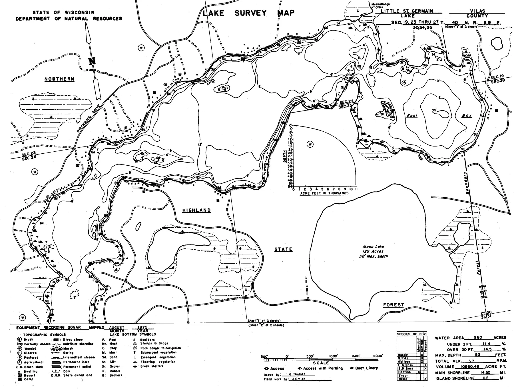 Little Saint Germain Lake historical Wisconsin DNR depth map sheet 1