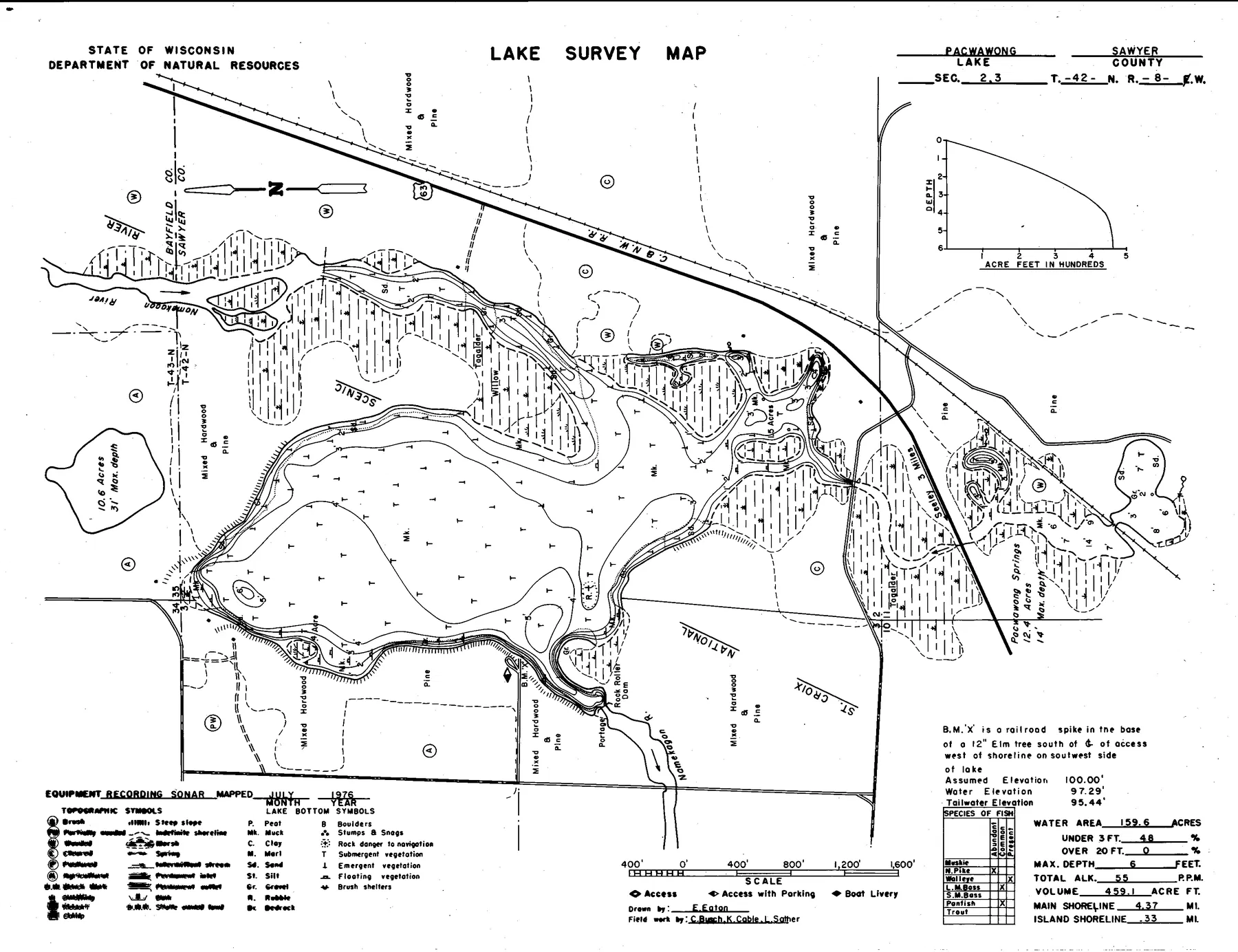 Pacwawong Lake historical Wisconsin DNR depth map sheet 1