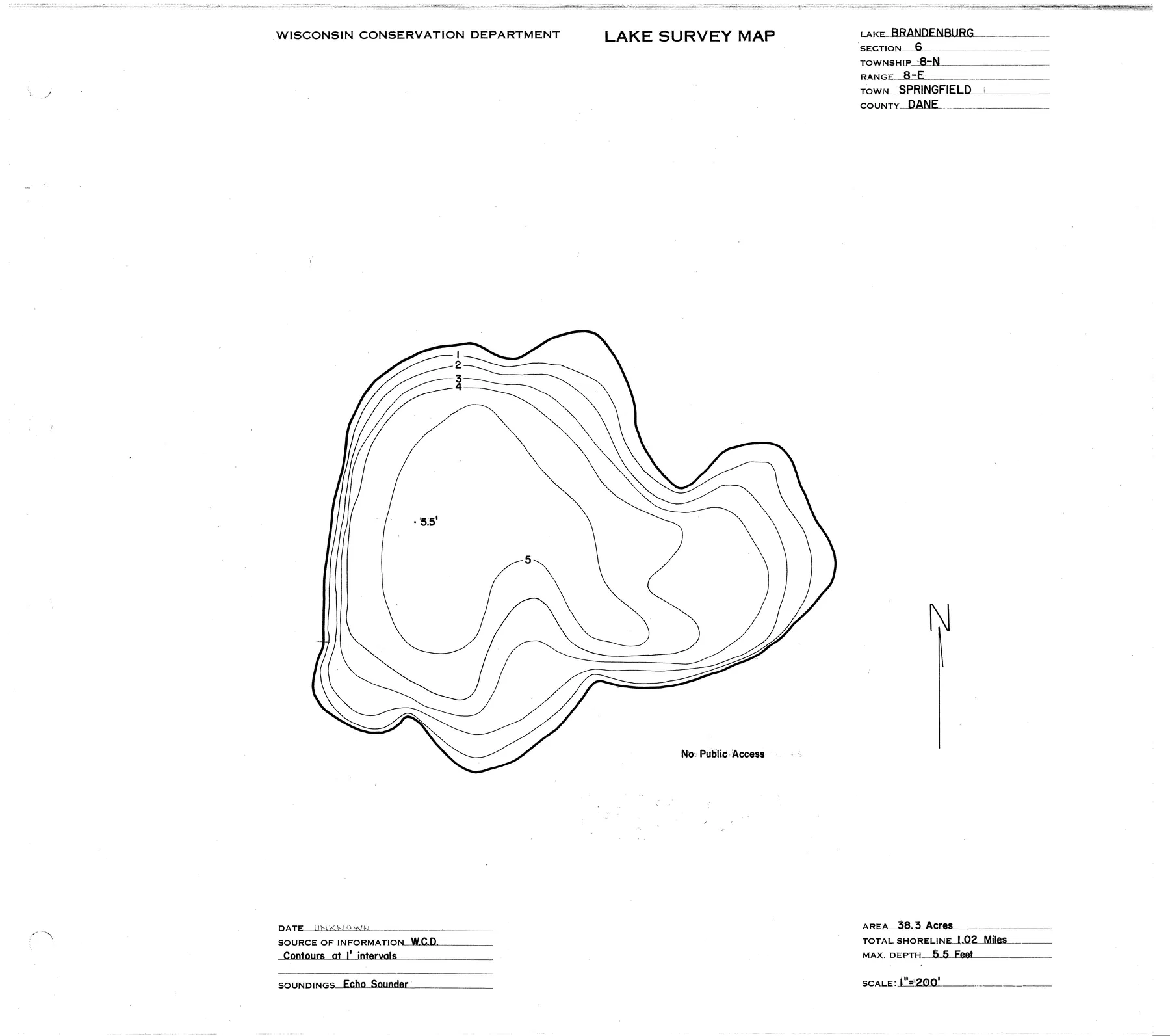 Brandenburg Lake historical Wisconsin DNR depth map sheet 1