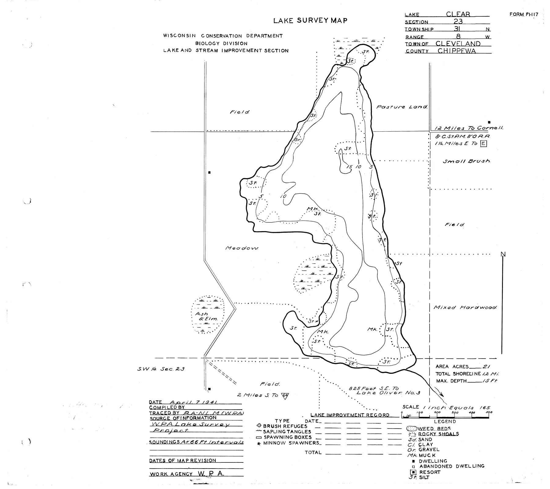 Clear Lake historical Wisconsin DNR depth map sheet 1