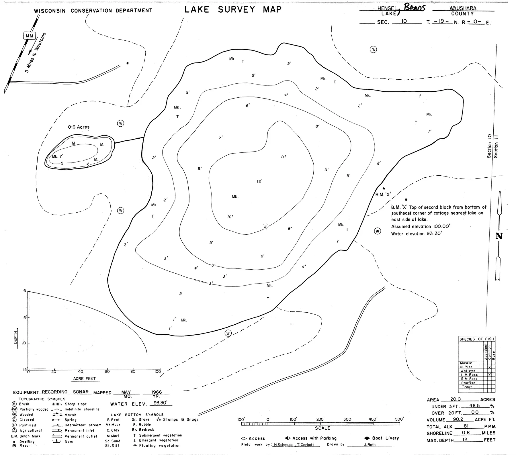 Beans Lake historical Wisconsin DNR depth map sheet 1