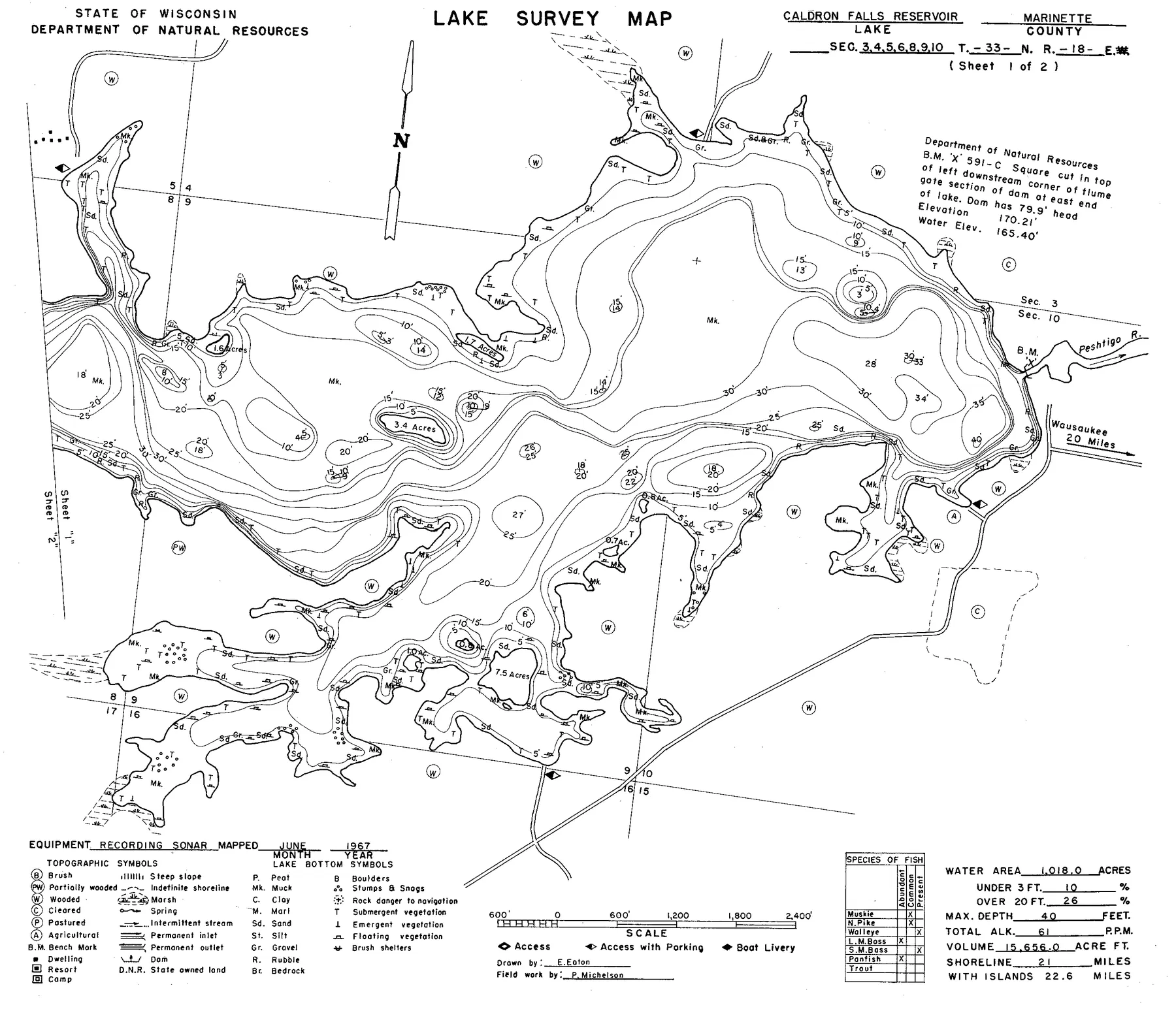 Caldron Falls Reservoir historical Wisconsin DNR depth map sheet 1