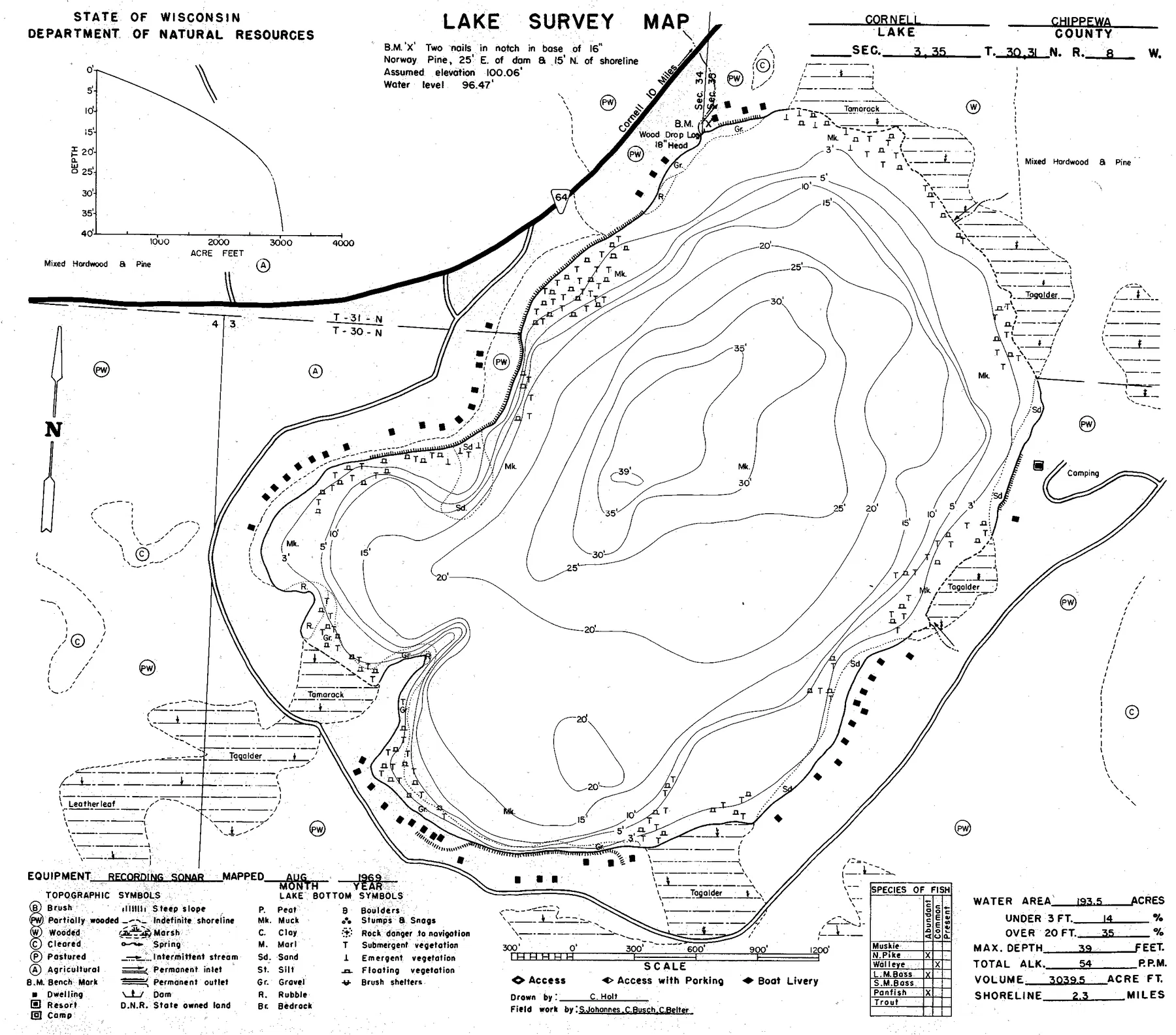 Cornell Lake historical Wisconsin DNR depth map sheet 1