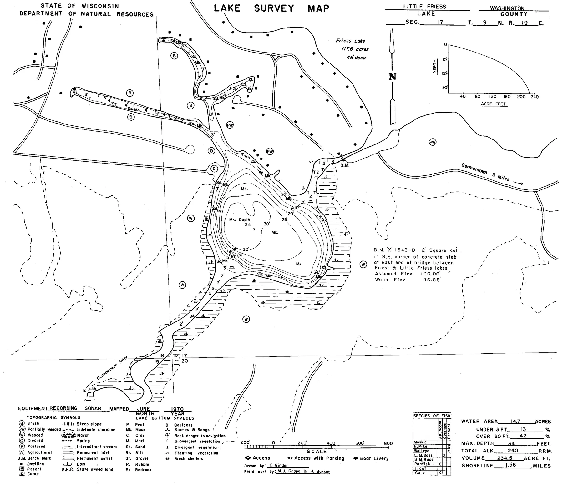 Little Friess Lake historical Wisconsin DNR depth map sheet 1