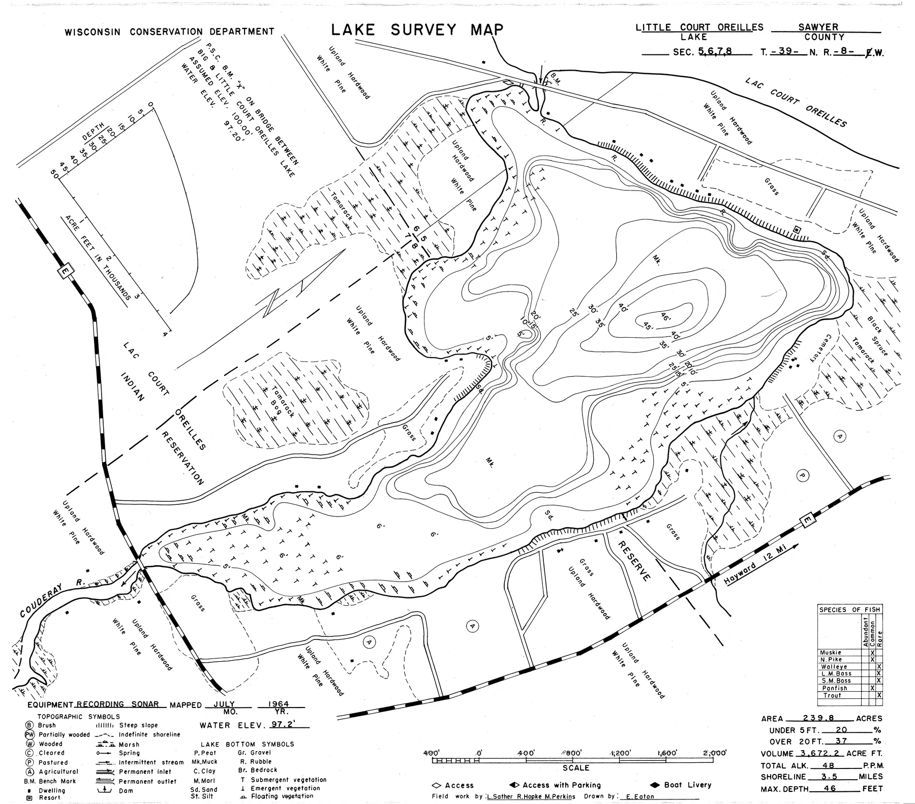 Little Lac Courte Oreilles historical Wisconsin DNR depth map sheet 1