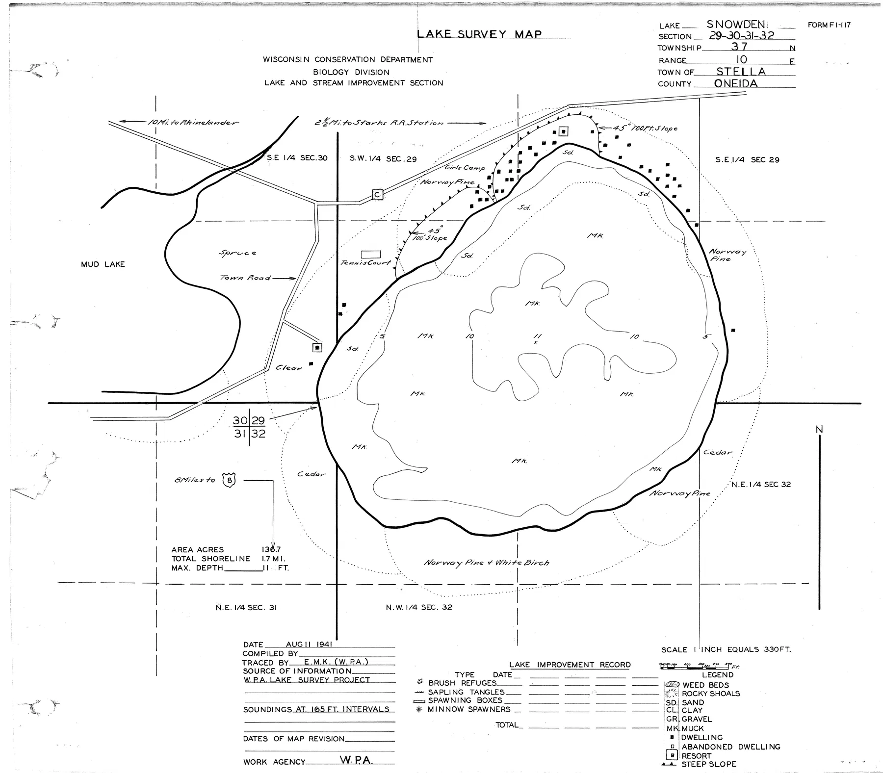 Snowden Lake historical Wisconsin DNR depth map sheet 1