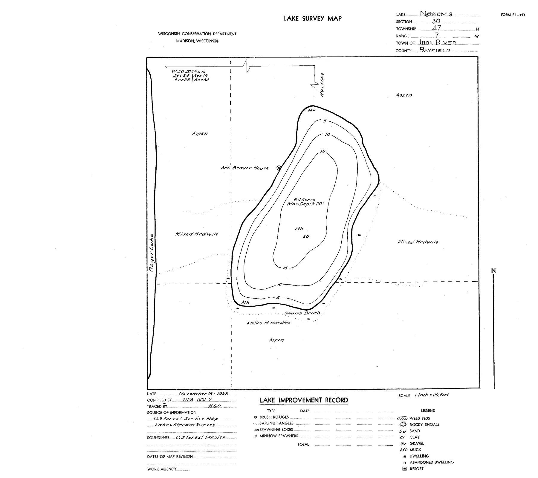 Lake Nokomis historical Wisconsin DNR depth map sheet 1