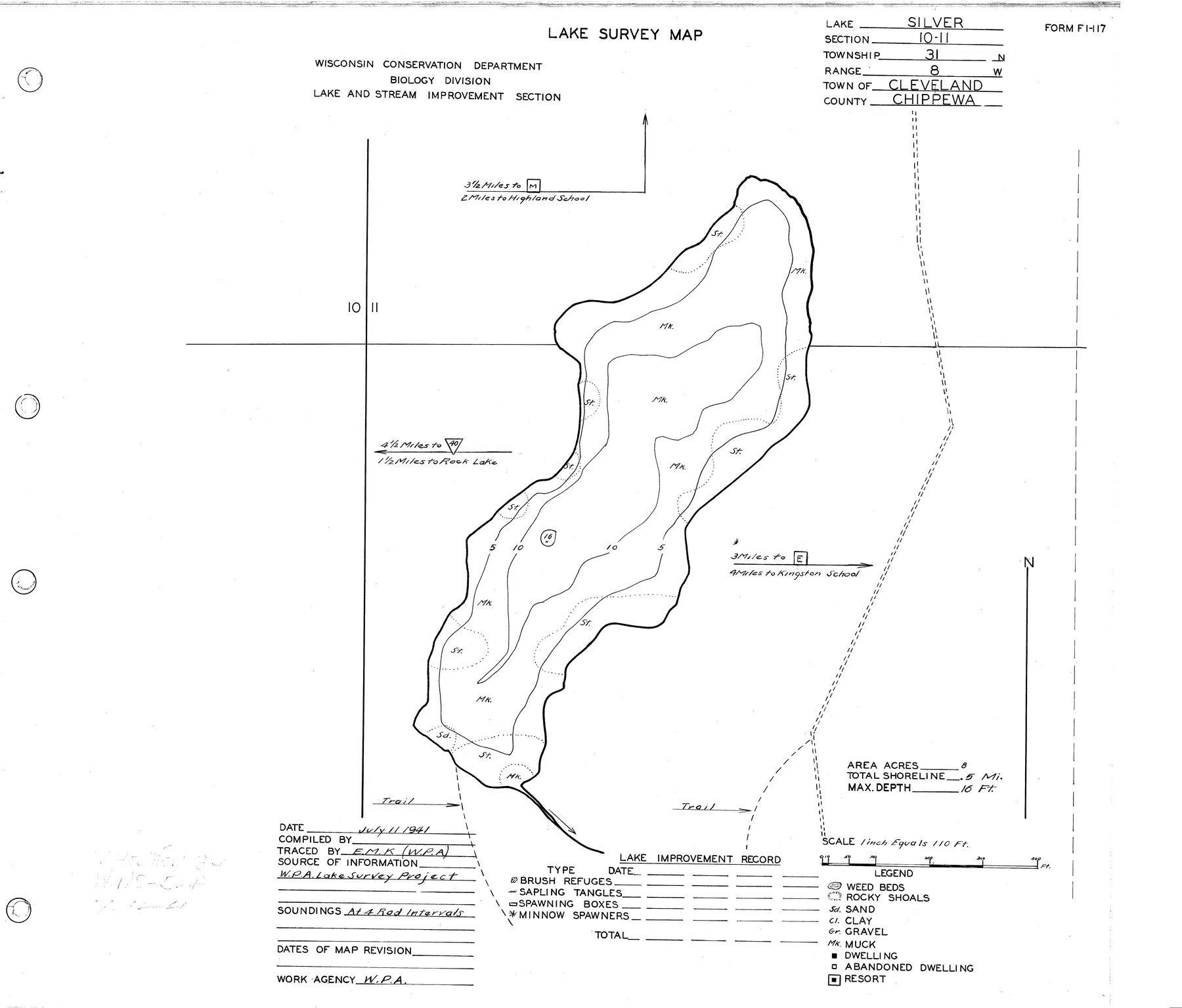 Silver Lake historical Wisconsin DNR depth map sheet 1