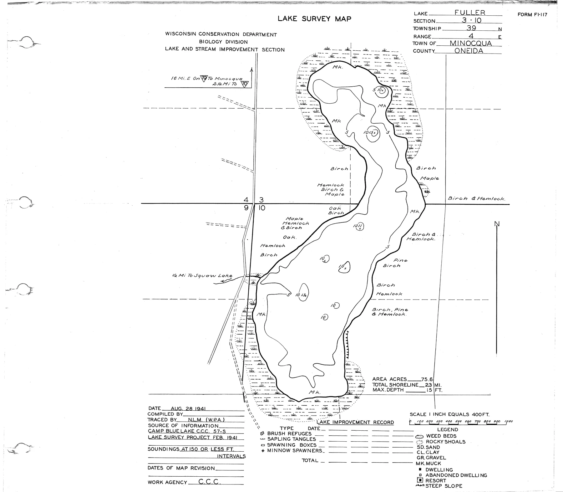 Fuller Lake historical Wisconsin DNR depth map sheet 1
