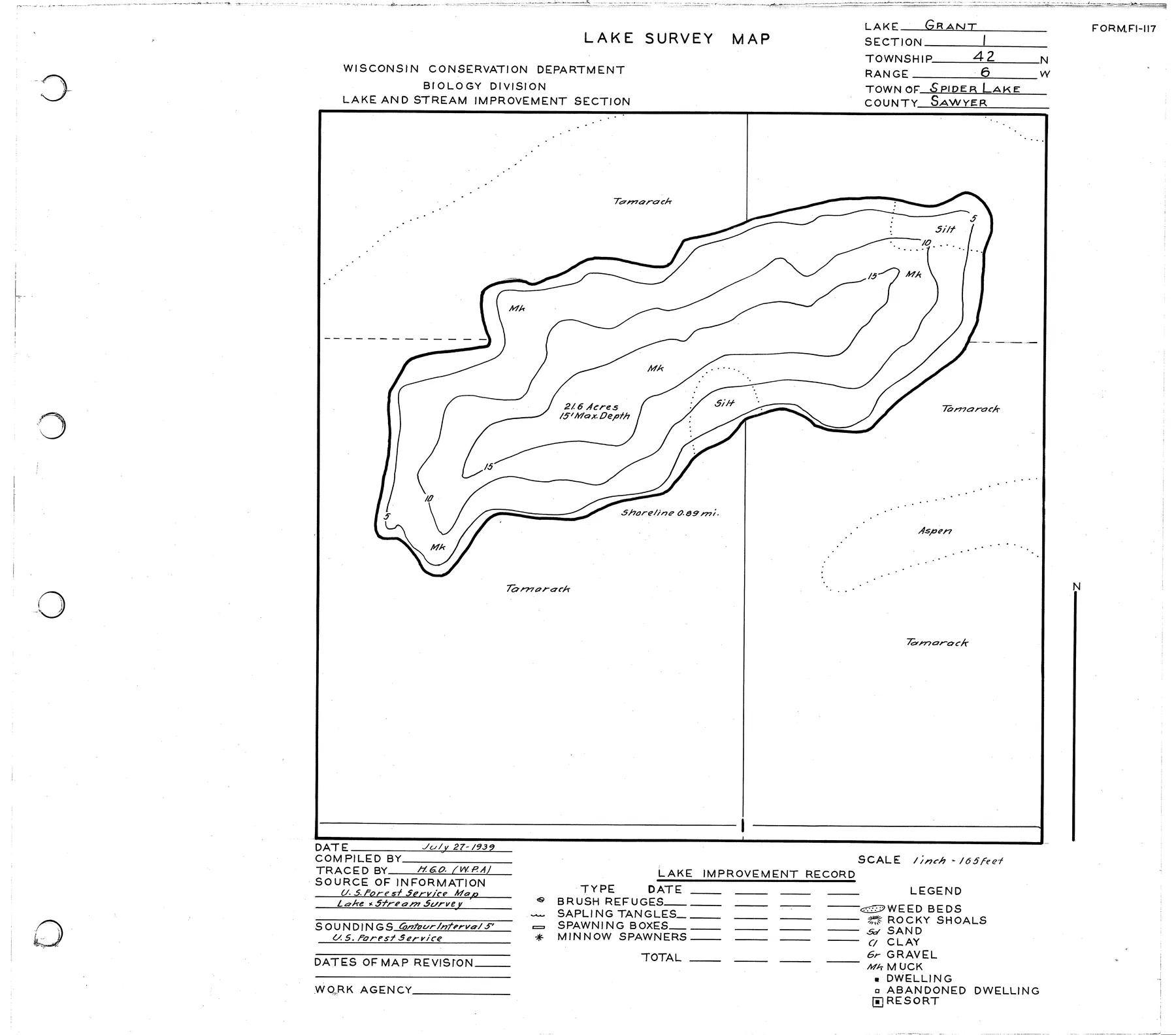 Grant Lake historical Wisconsin DNR depth map sheet 1