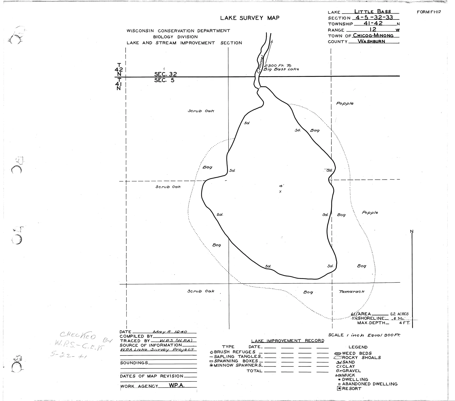 Little Bass Lake historical Wisconsin DNR depth map sheet 1