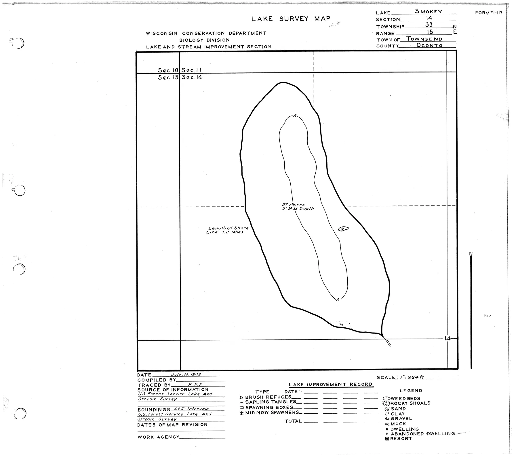 Smoke Lake historical Wisconsin DNR depth map sheet 1