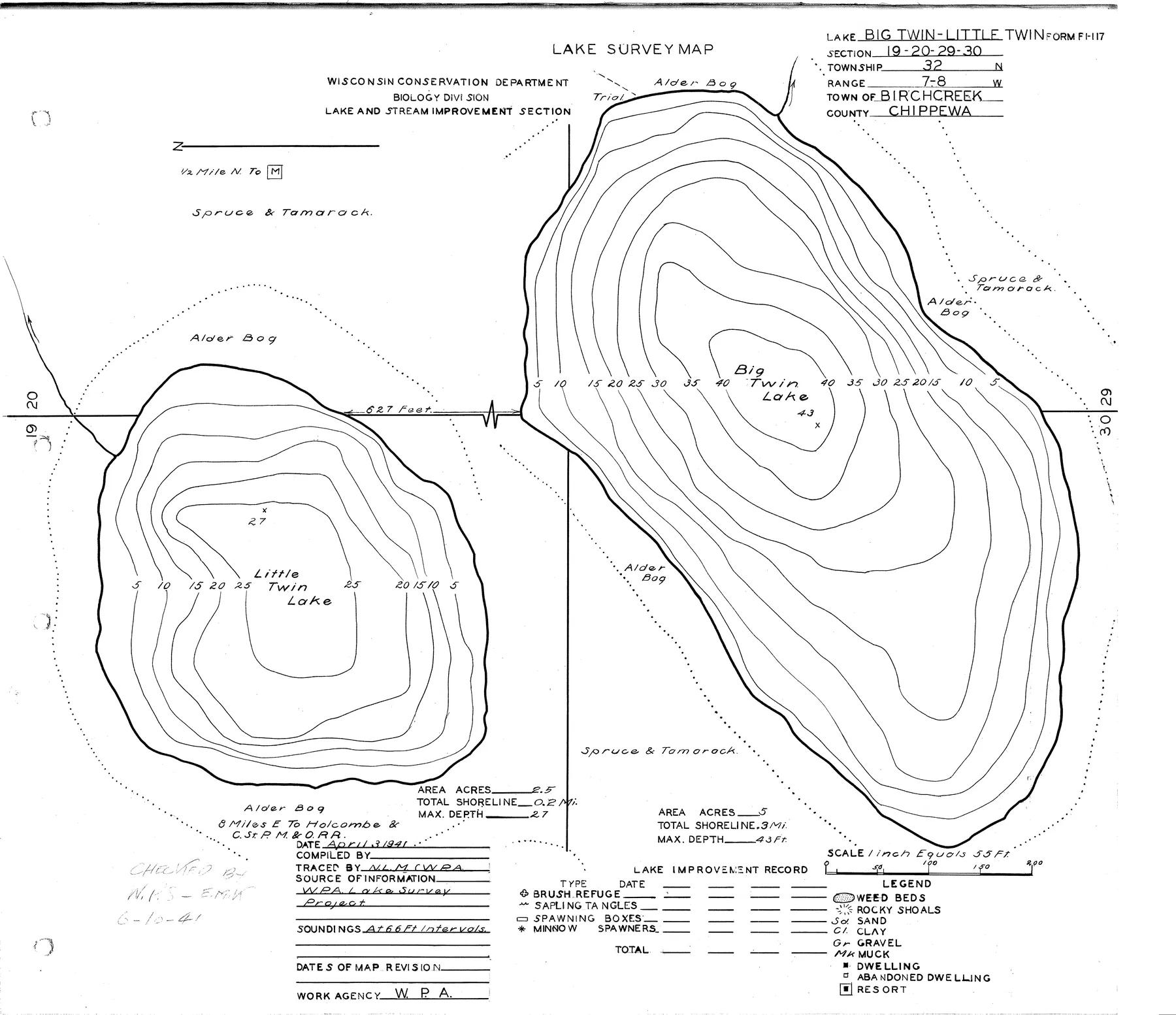 Little Twin Lake historical Wisconsin DNR depth map sheet 1