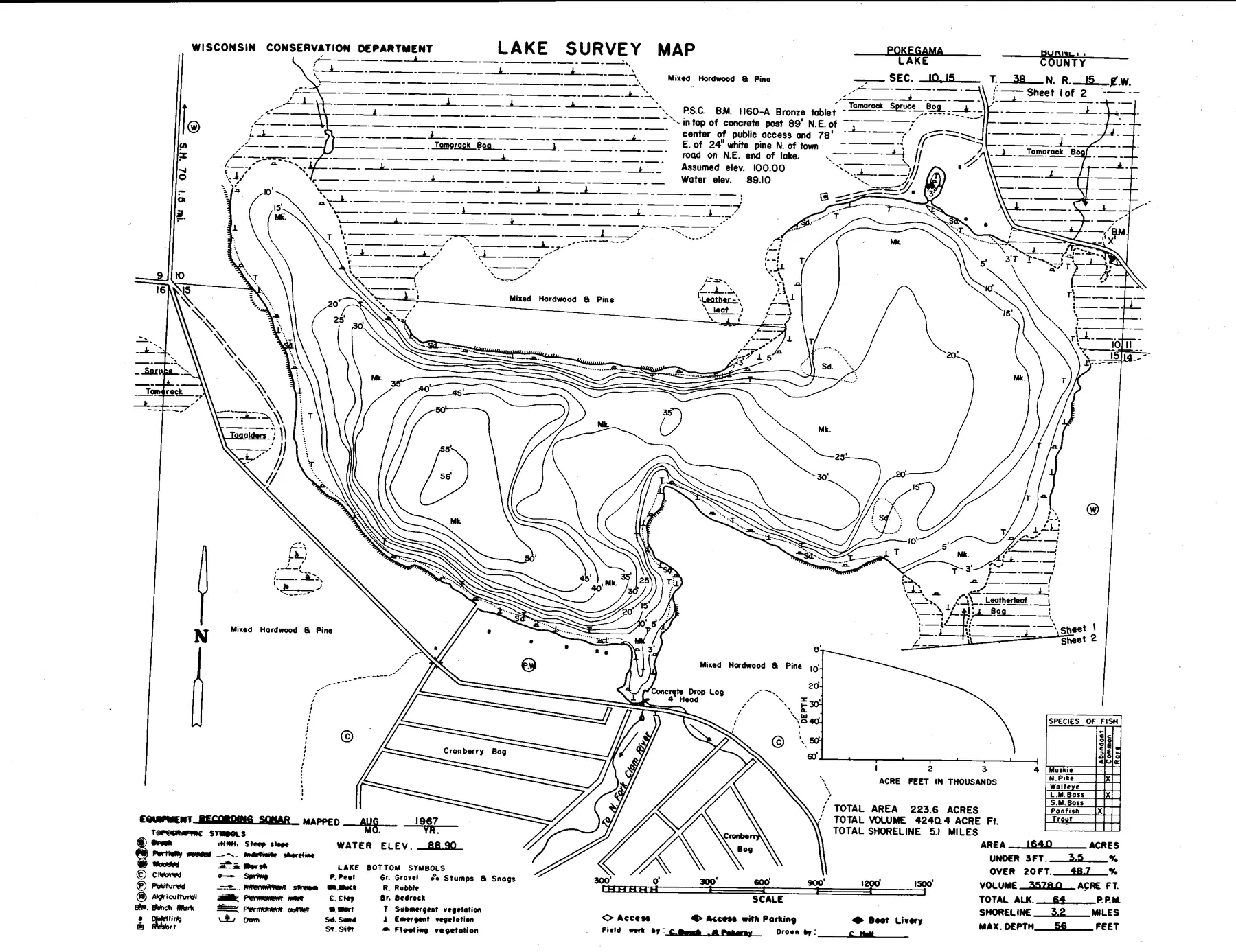 Pokegama Lake historical Wisconsin DNR depth map sheet 1