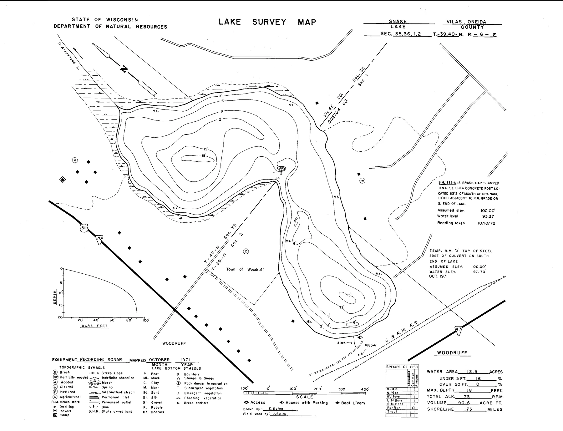 Snake Lake historical Wisconsin DNR depth map sheet 1