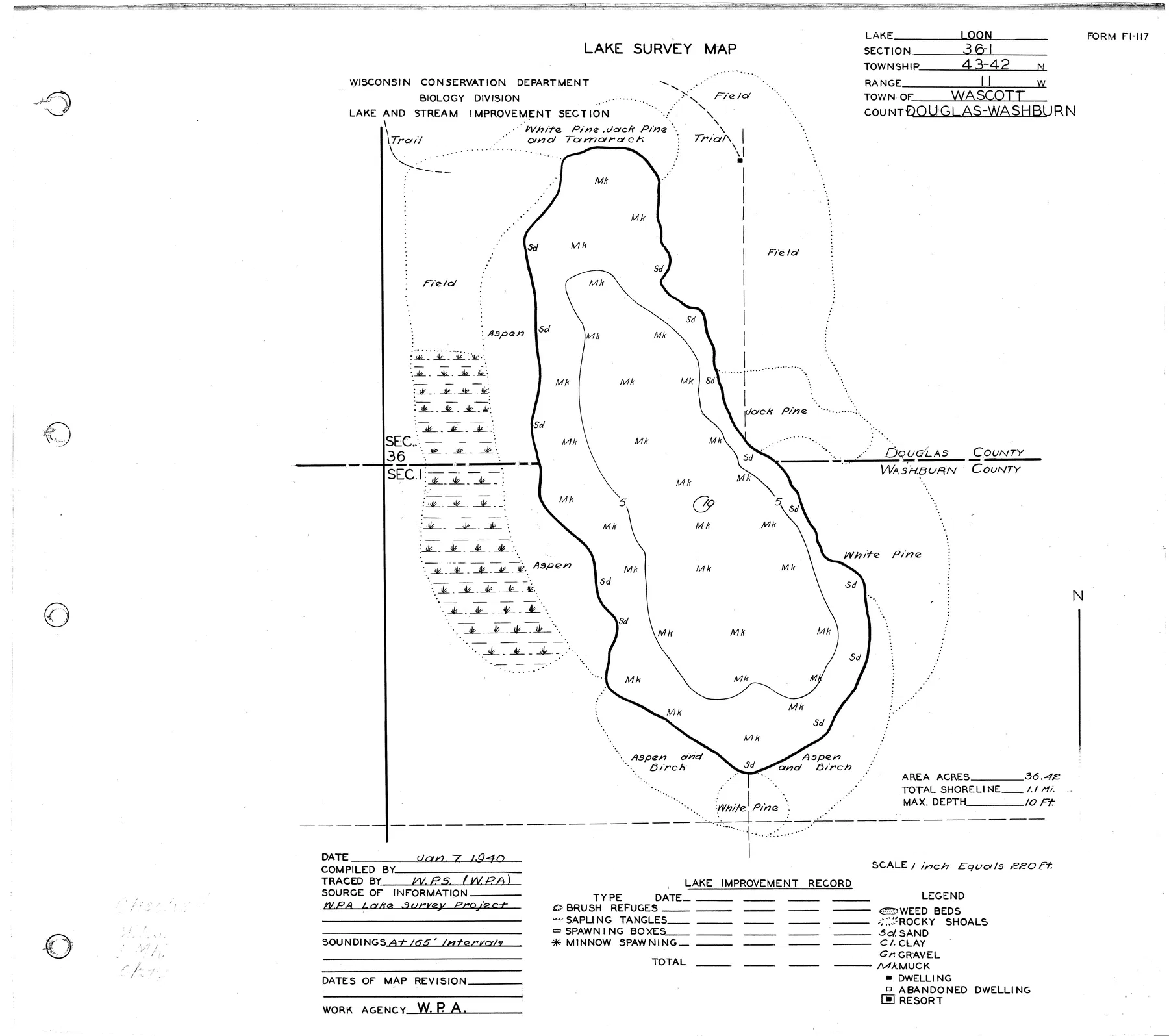Loon Lake historical Wisconsin DNR depth map sheet 1