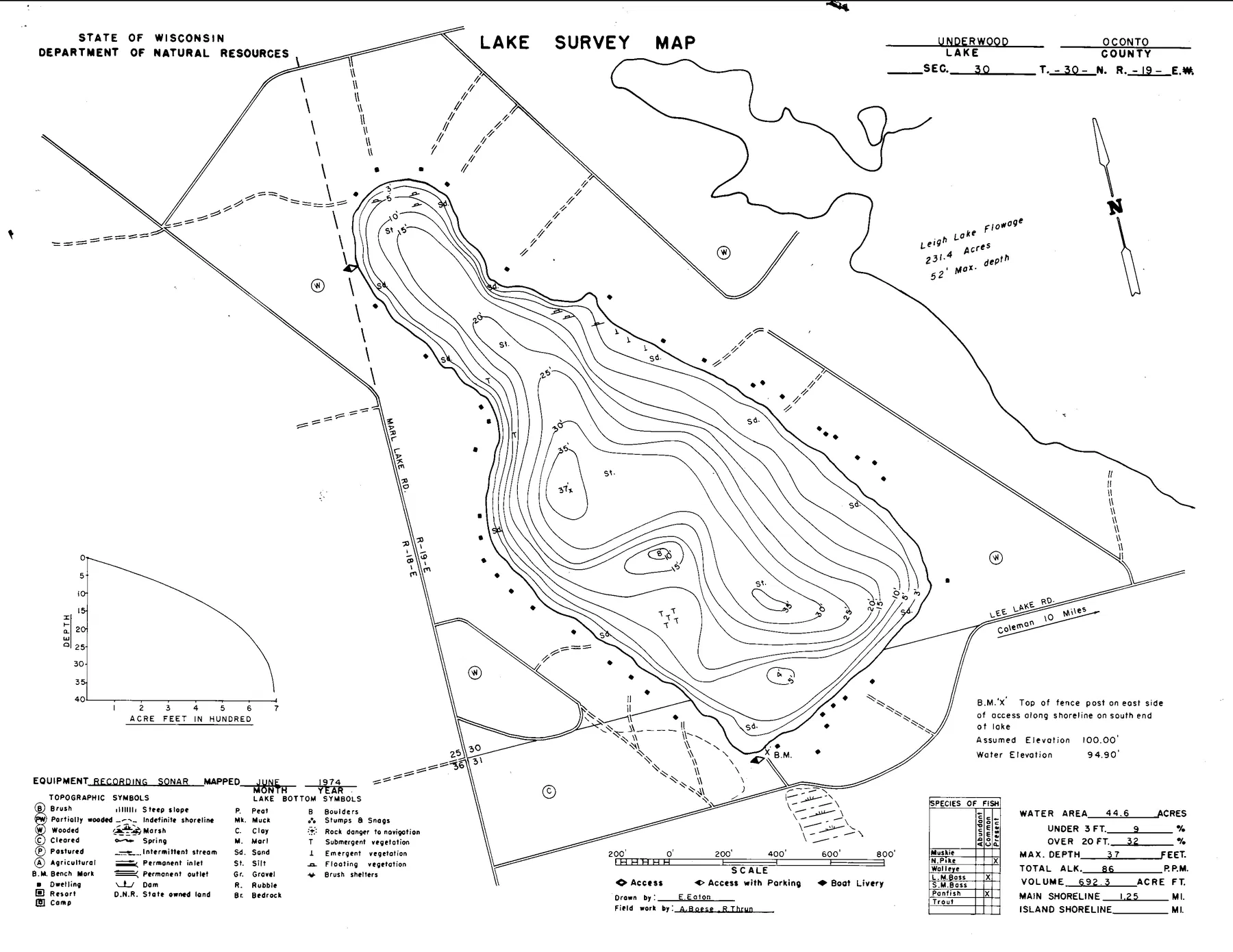 Underwood Lake historical Wisconsin DNR depth map sheet 1