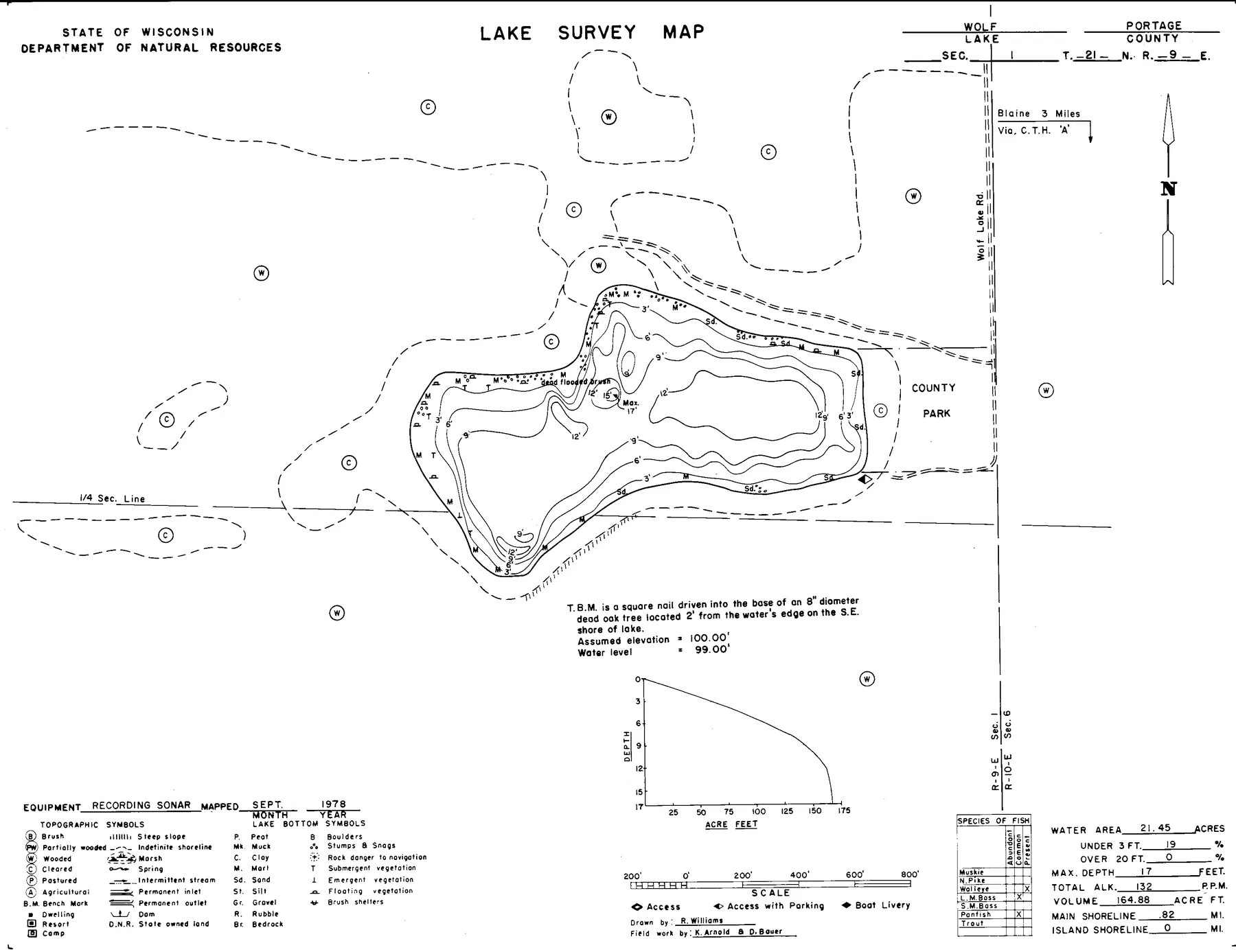 Wolf Lake historical Wisconsin DNR depth map sheet 1