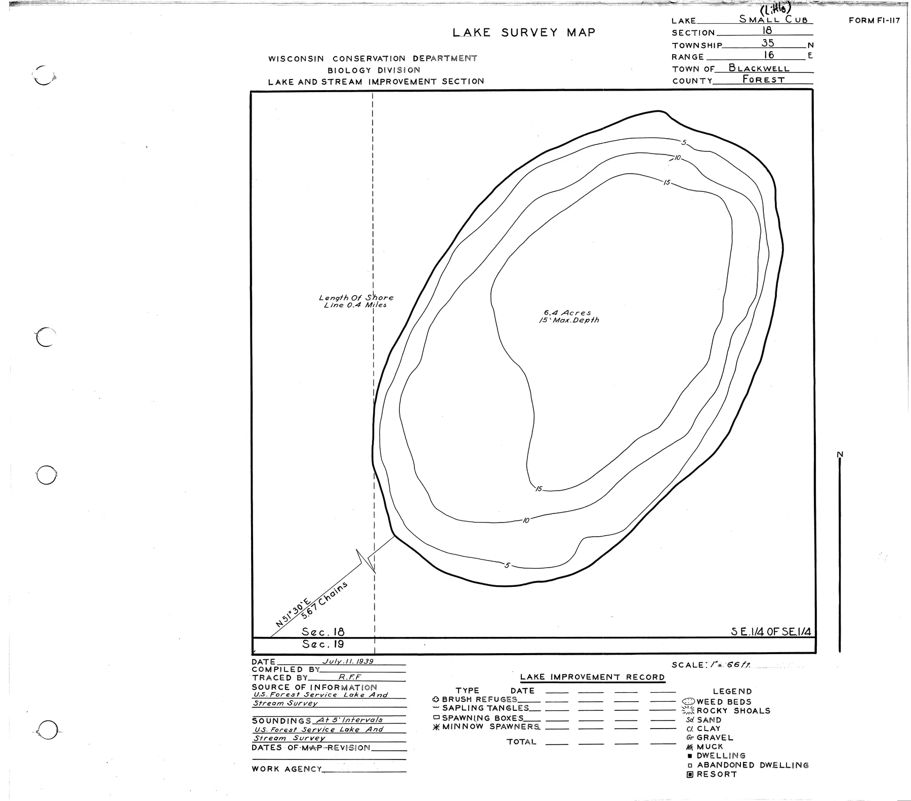 Little Cub Lake historical Wisconsin DNR depth map sheet 1