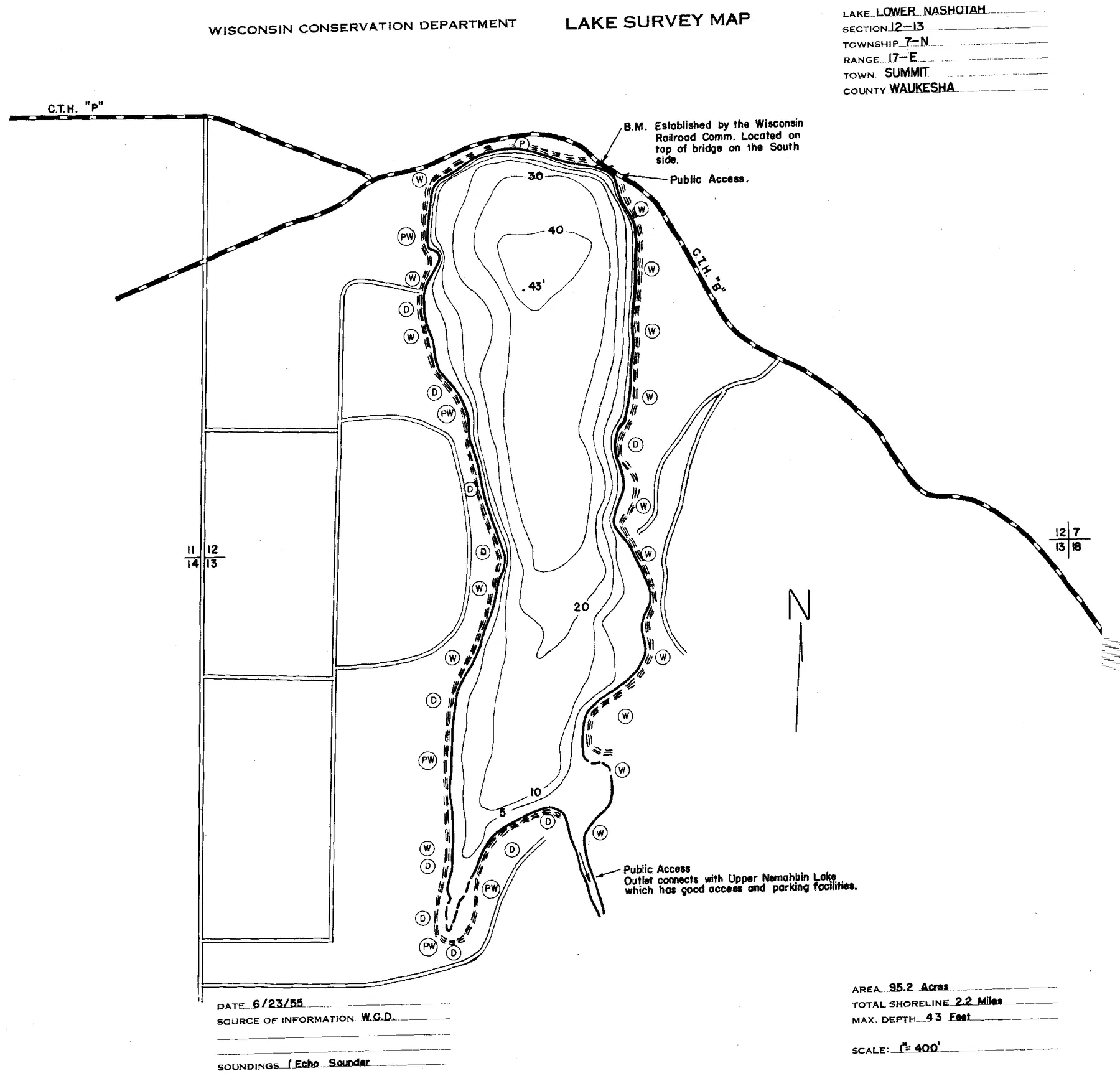 Lower Nashotah Lake historical Wisconsin DNR depth map sheet 1