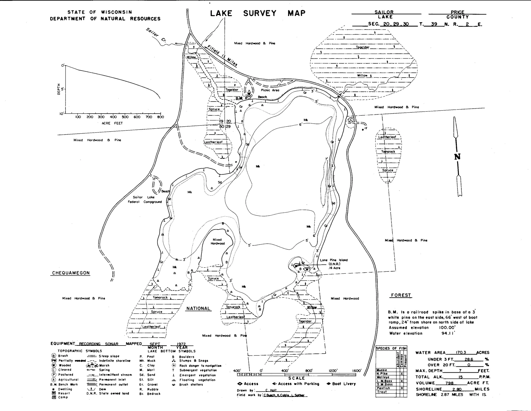 Sailor Lake historical Wisconsin DNR depth map sheet 1