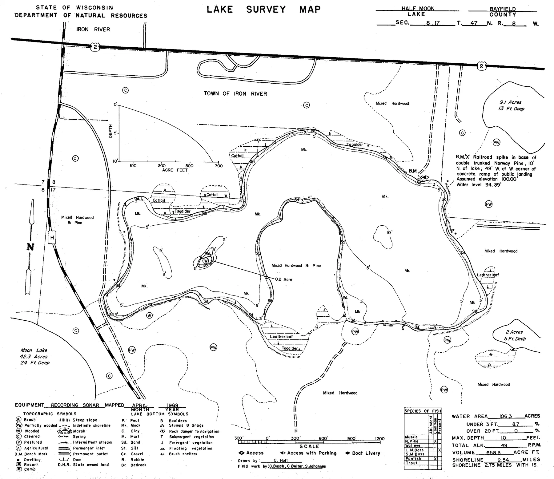 Half Moon Lake historical Wisconsin DNR depth map sheet 1