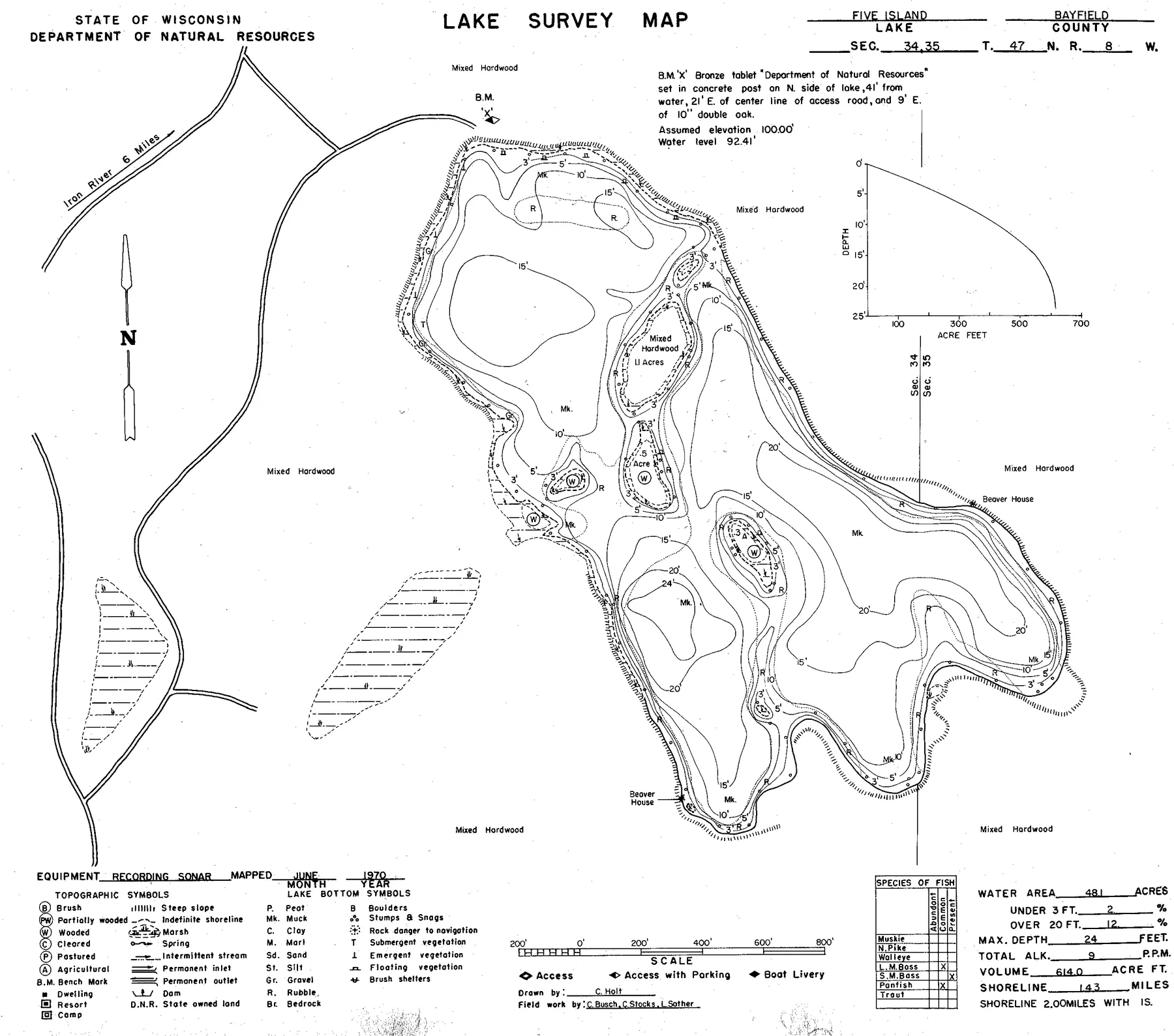Five Island Lake historical Wisconsin DNR depth map sheet 1
