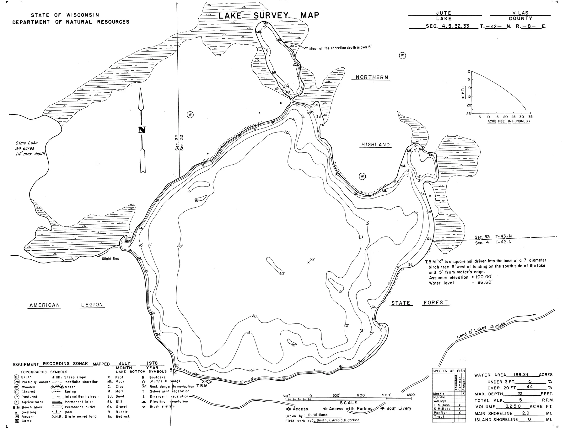 Jute Lake historical Wisconsin DNR depth map sheet 1