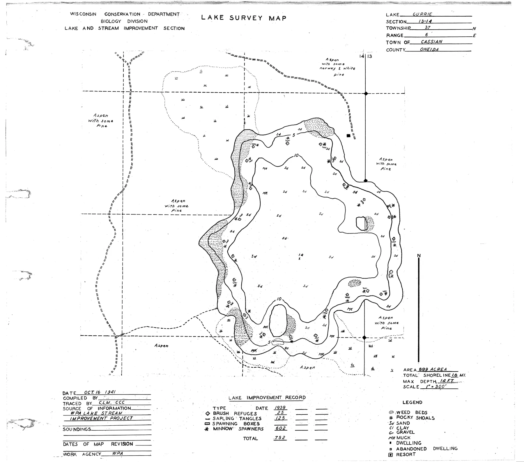 Currie Lake historical Wisconsin DNR depth map sheet 1