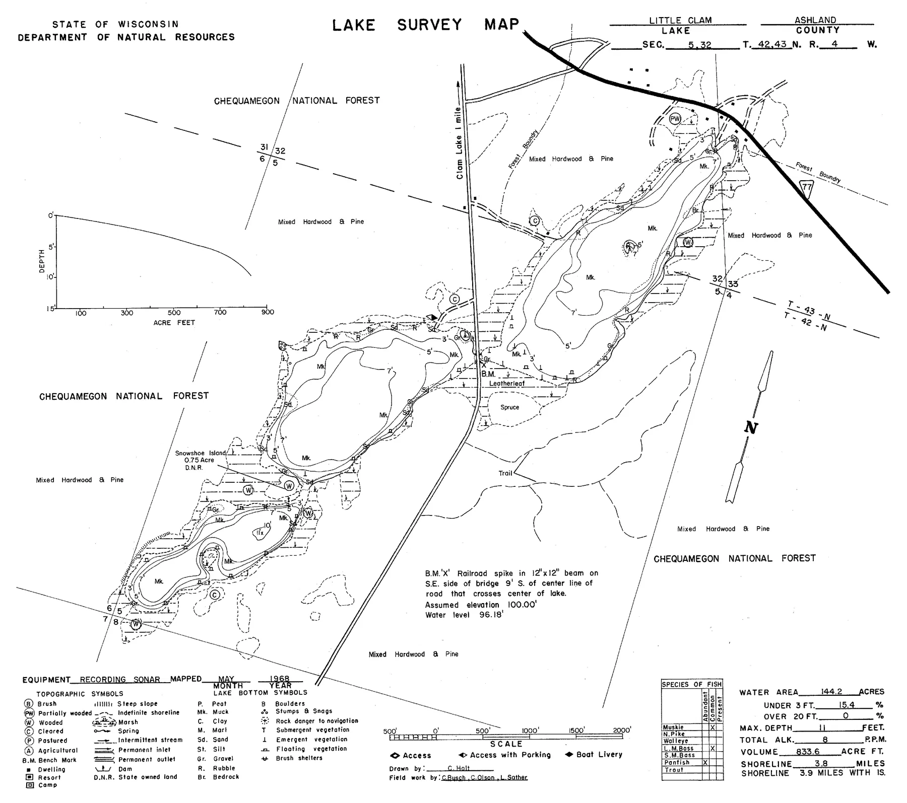 Little Clam Lake historical Wisconsin DNR depth map sheet 1