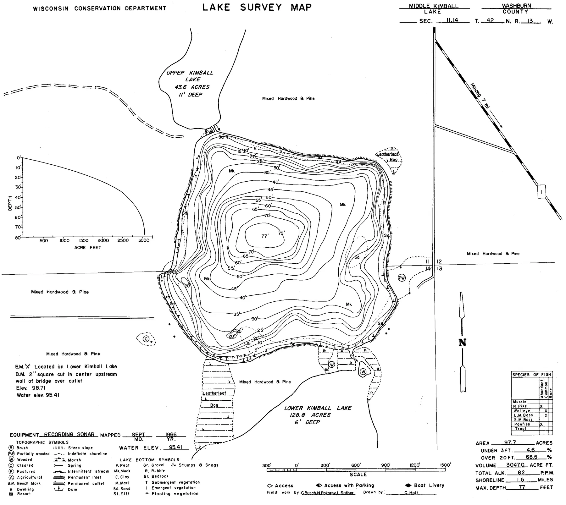 Middle Kimball Lake historical Wisconsin DNR depth map sheet 1