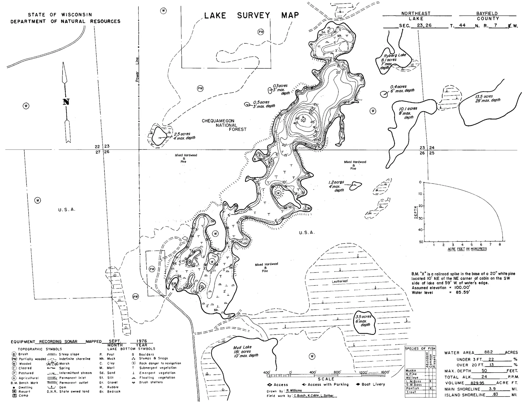 Northeast Lake historical Wisconsin DNR depth map sheet 1