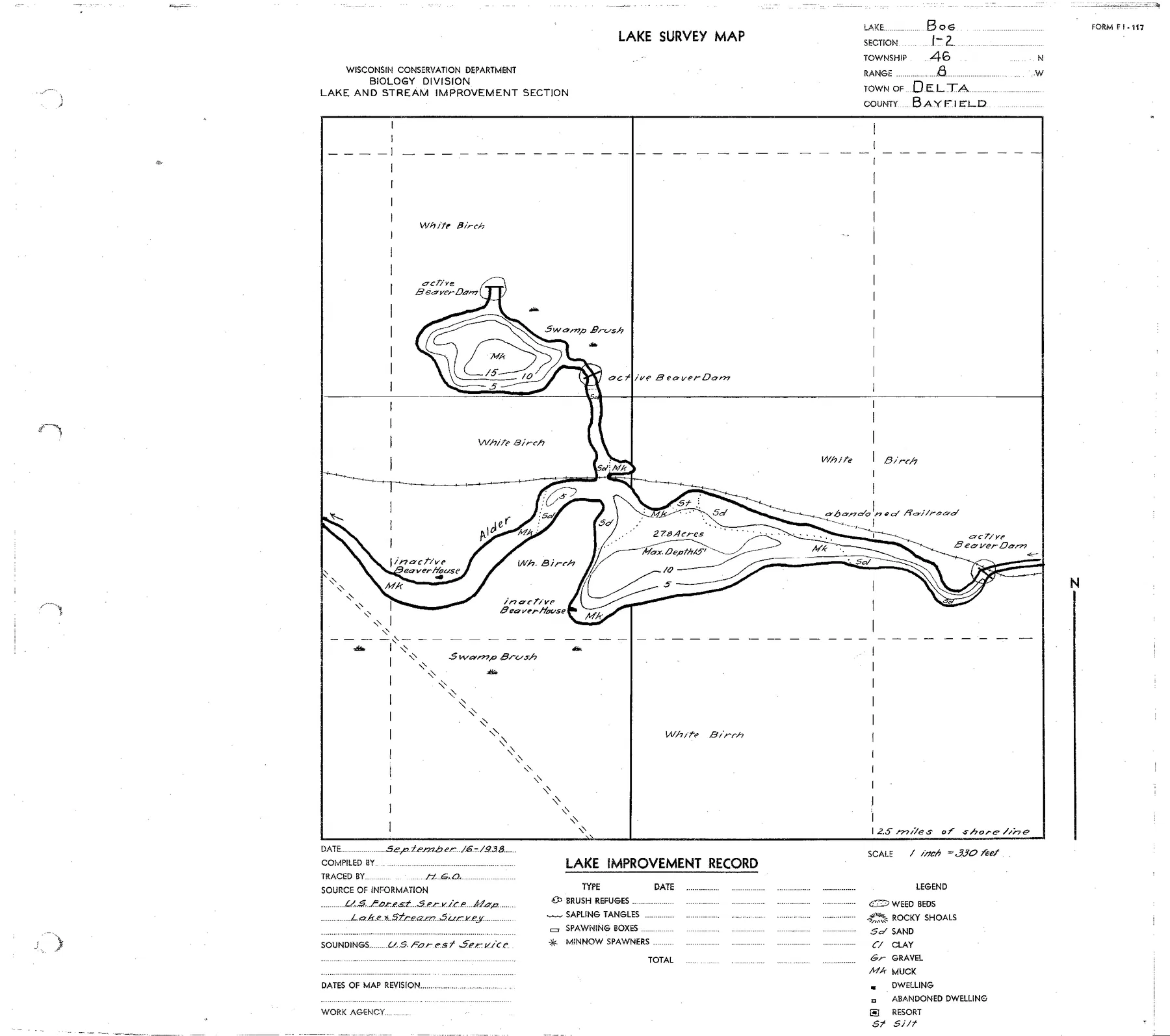 Bog Lake historical Wisconsin DNR depth map sheet 1