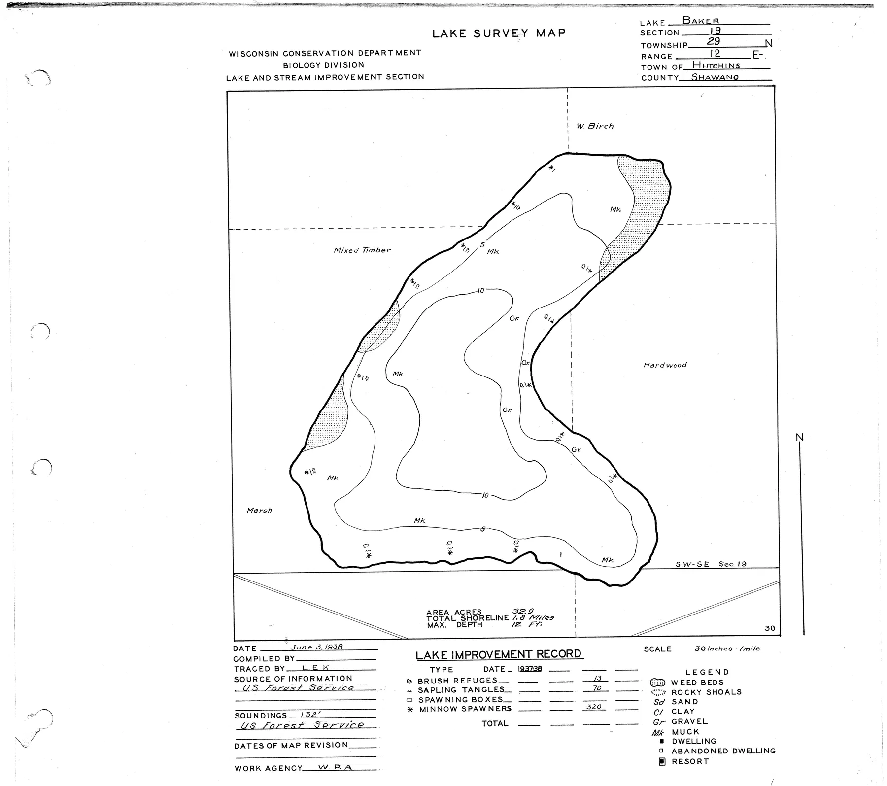 Baker Lake historical Wisconsin DNR depth map sheet 1