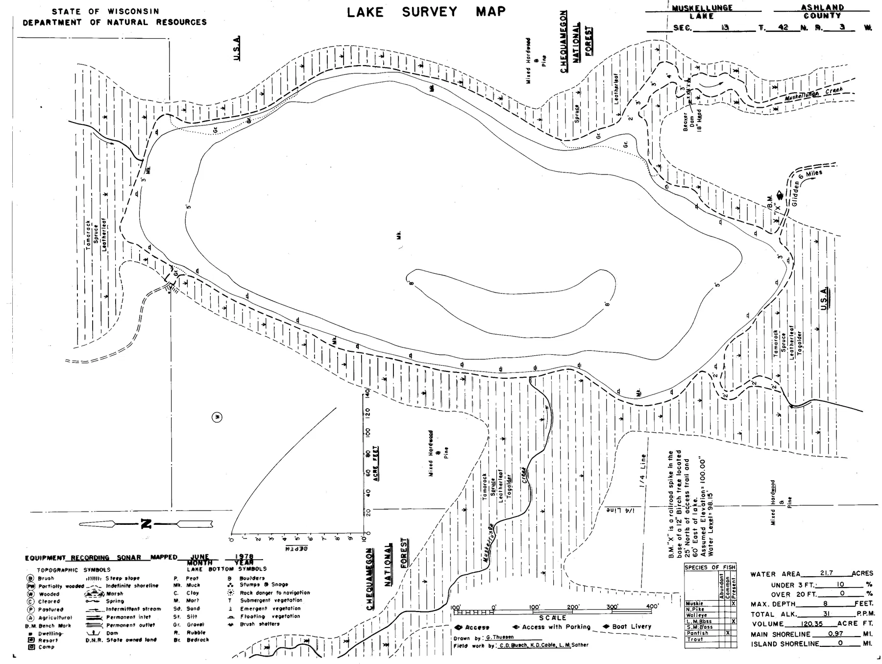 Muskellunge Lake historical Wisconsin DNR depth map sheet 1