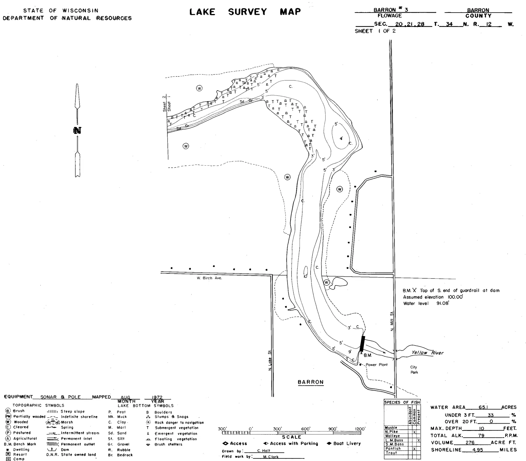 Barron Flowage No. 3 historical Wisconsin DNR depth map sheet 1