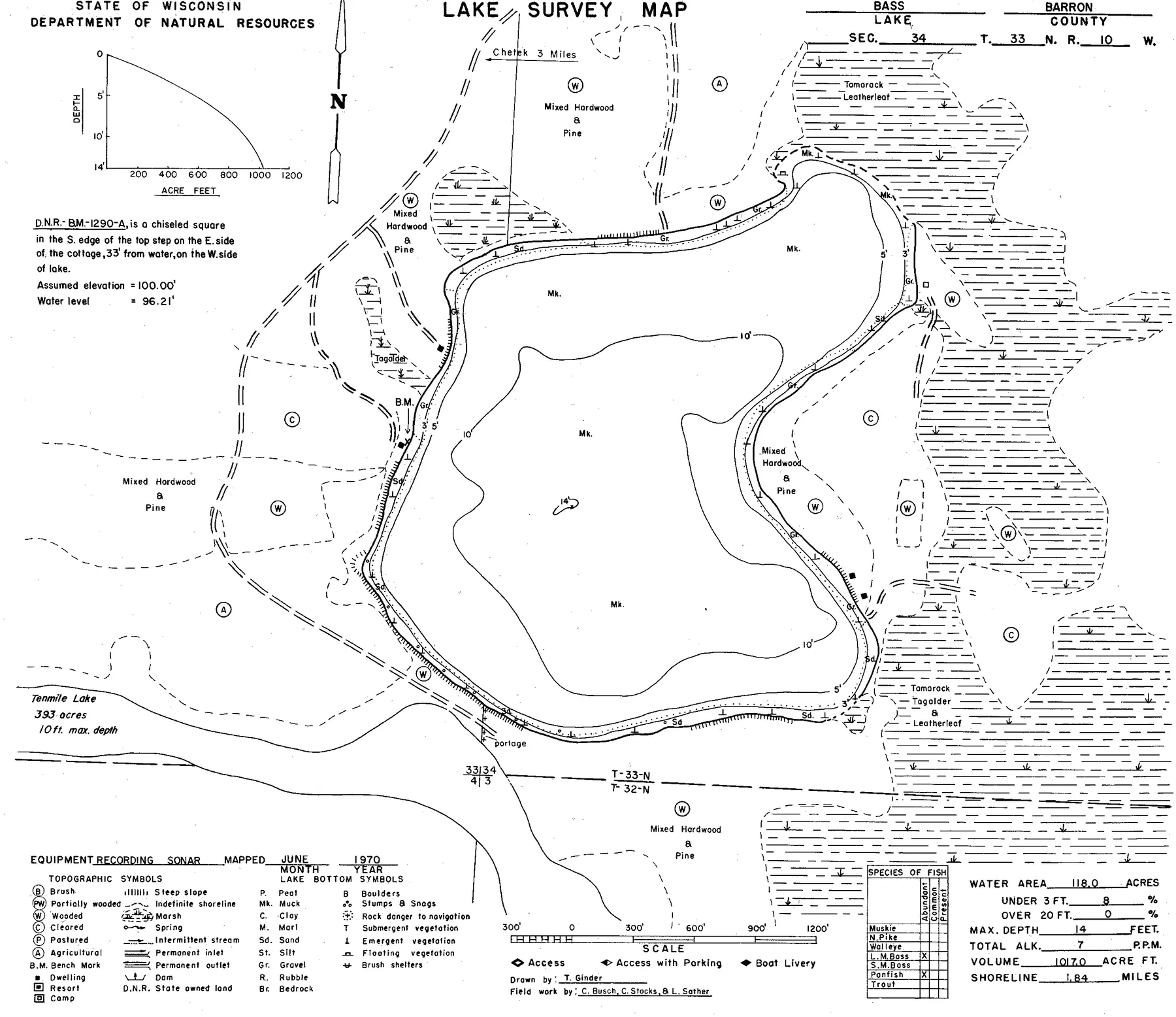 Bass Lake historical Wisconsin DNR depth map sheet 1
