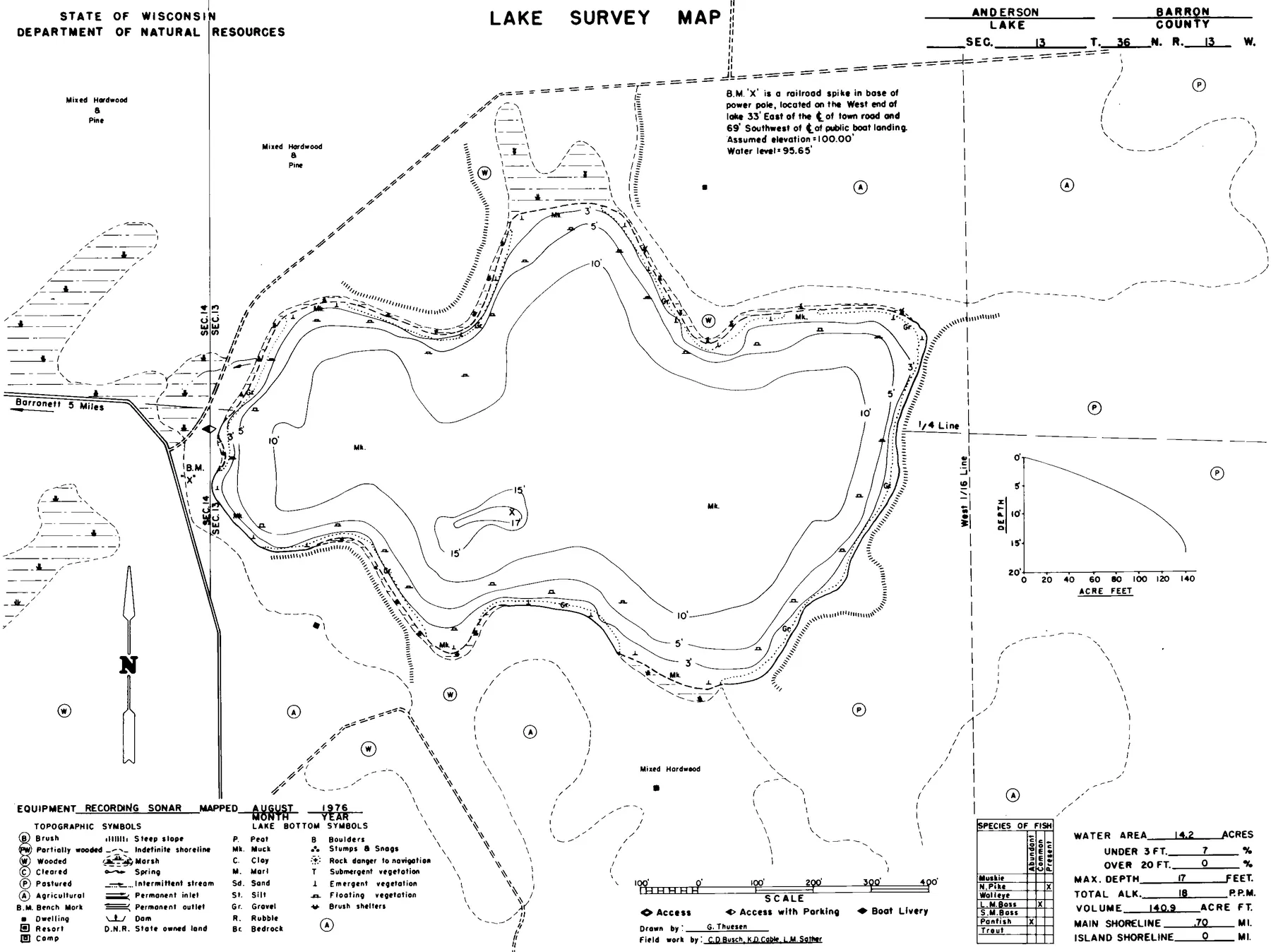 Anderson Lake historical Wisconsin DNR depth map sheet 1