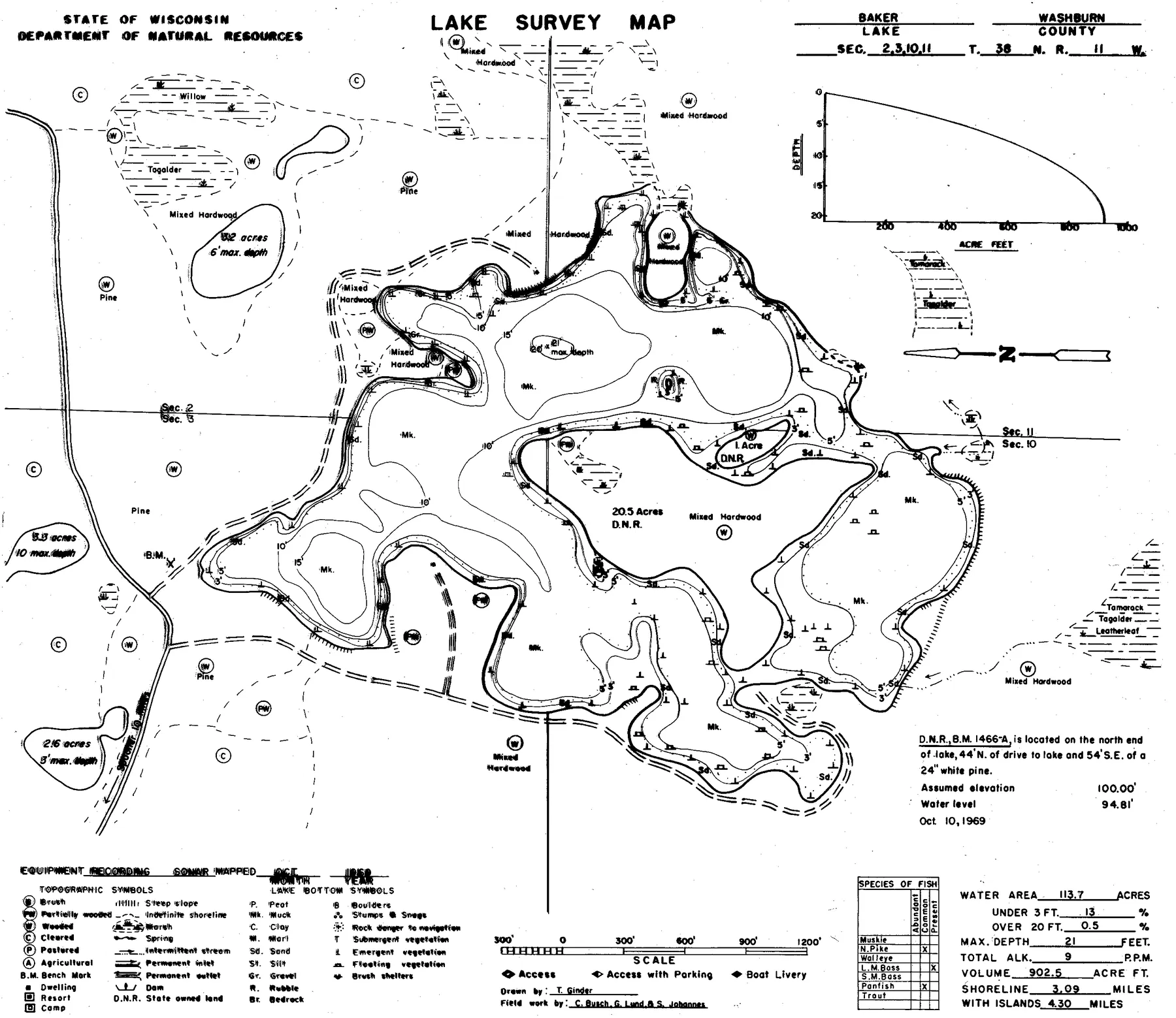 Baker Lake historical Wisconsin DNR depth map sheet 1