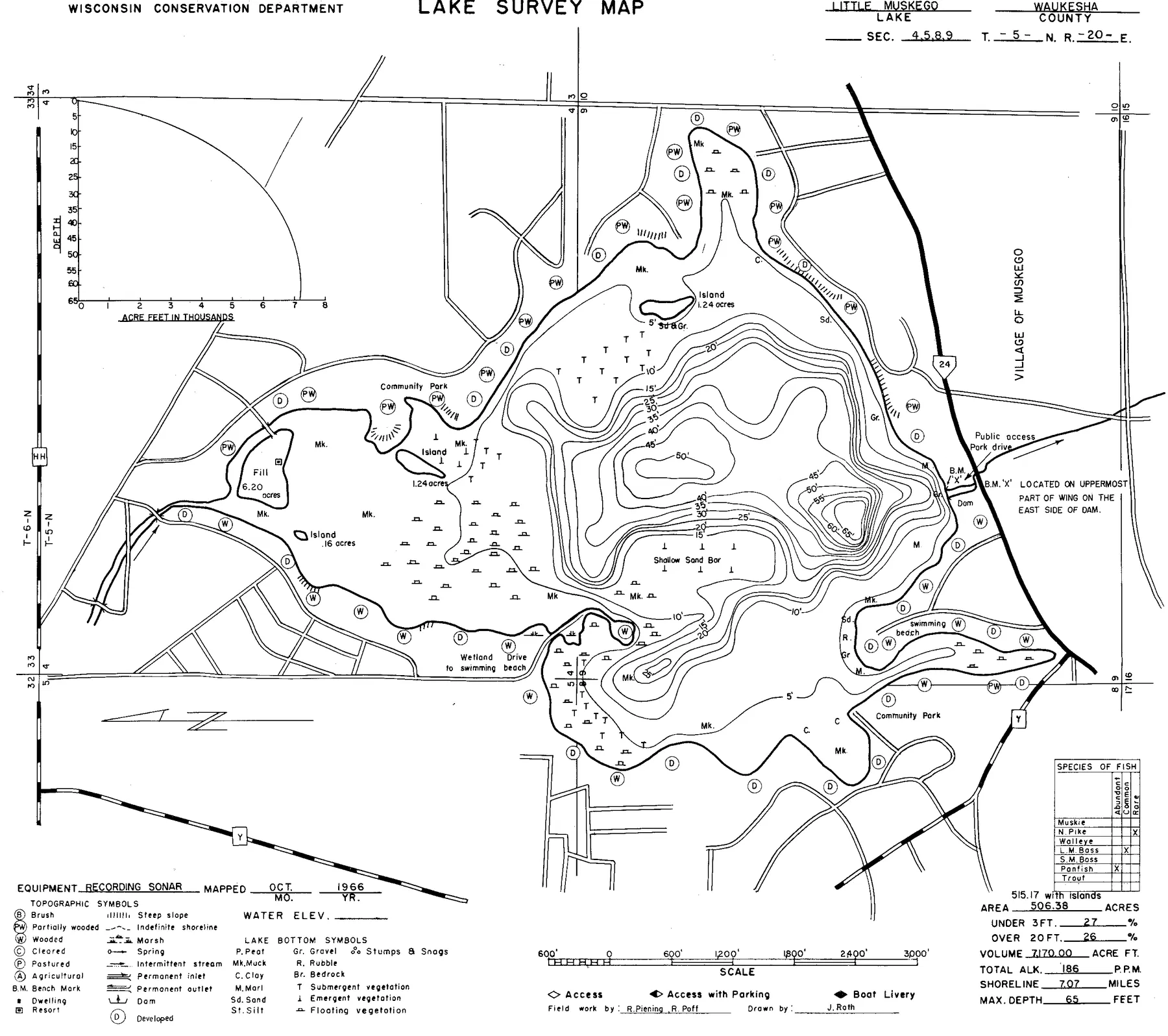 Little Muskego Lake historical Wisconsin DNR depth map sheet 1