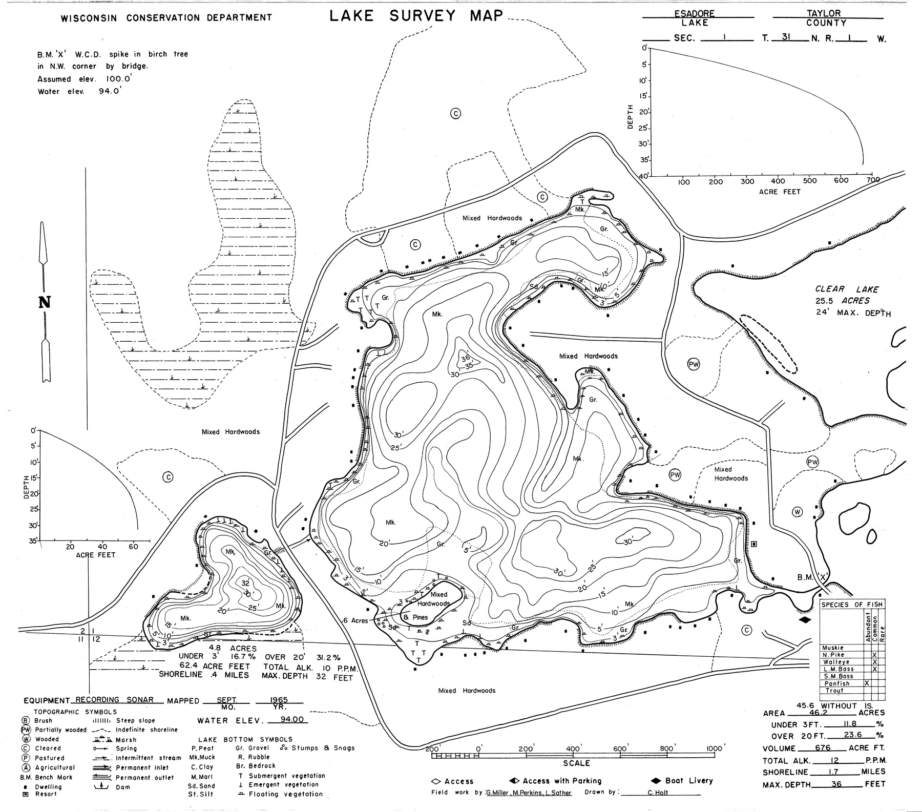Esadore Lake historical Wisconsin DNR depth map sheet 1