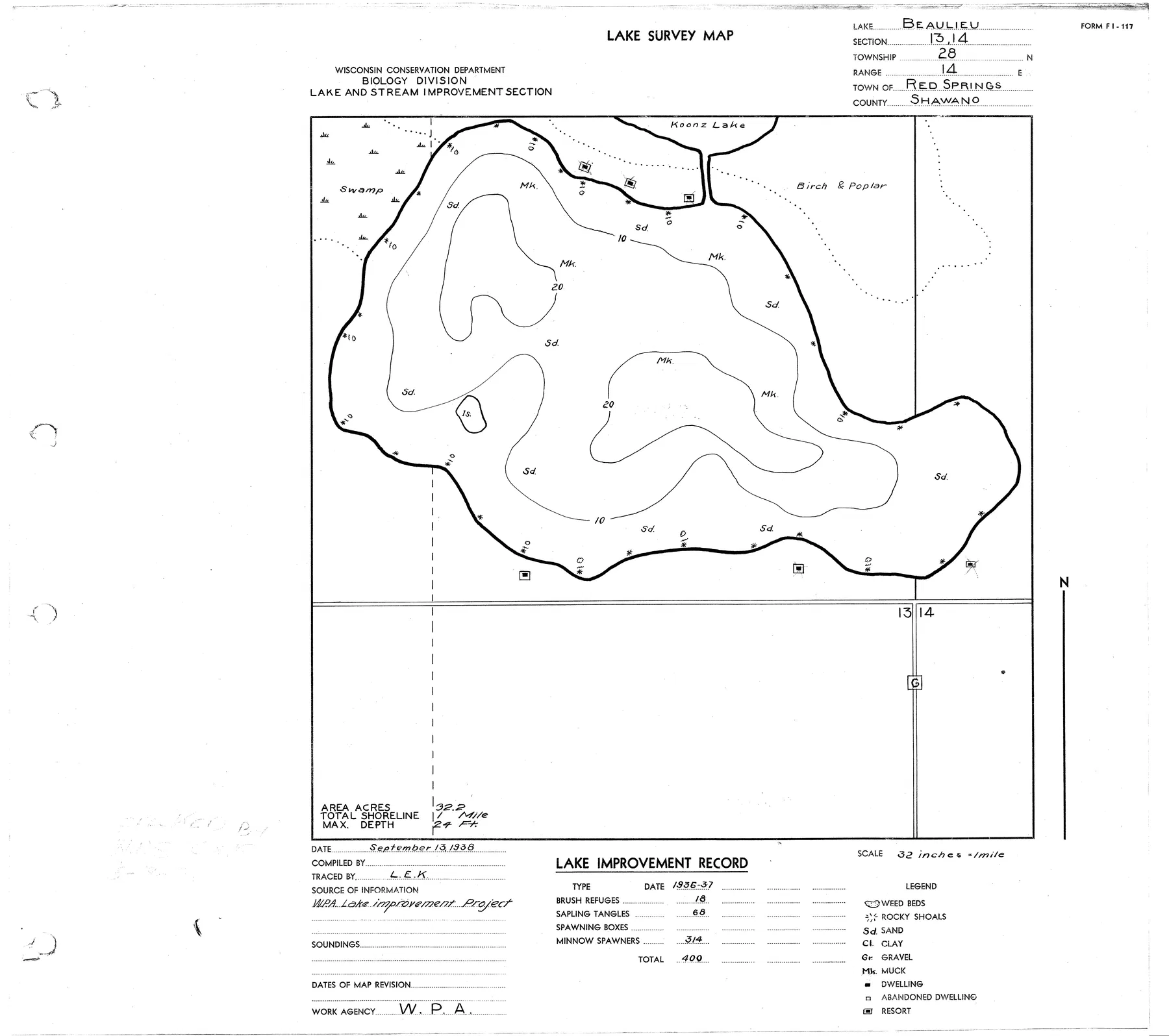 Beaulieu Lake historical Wisconsin DNR depth map sheet 1