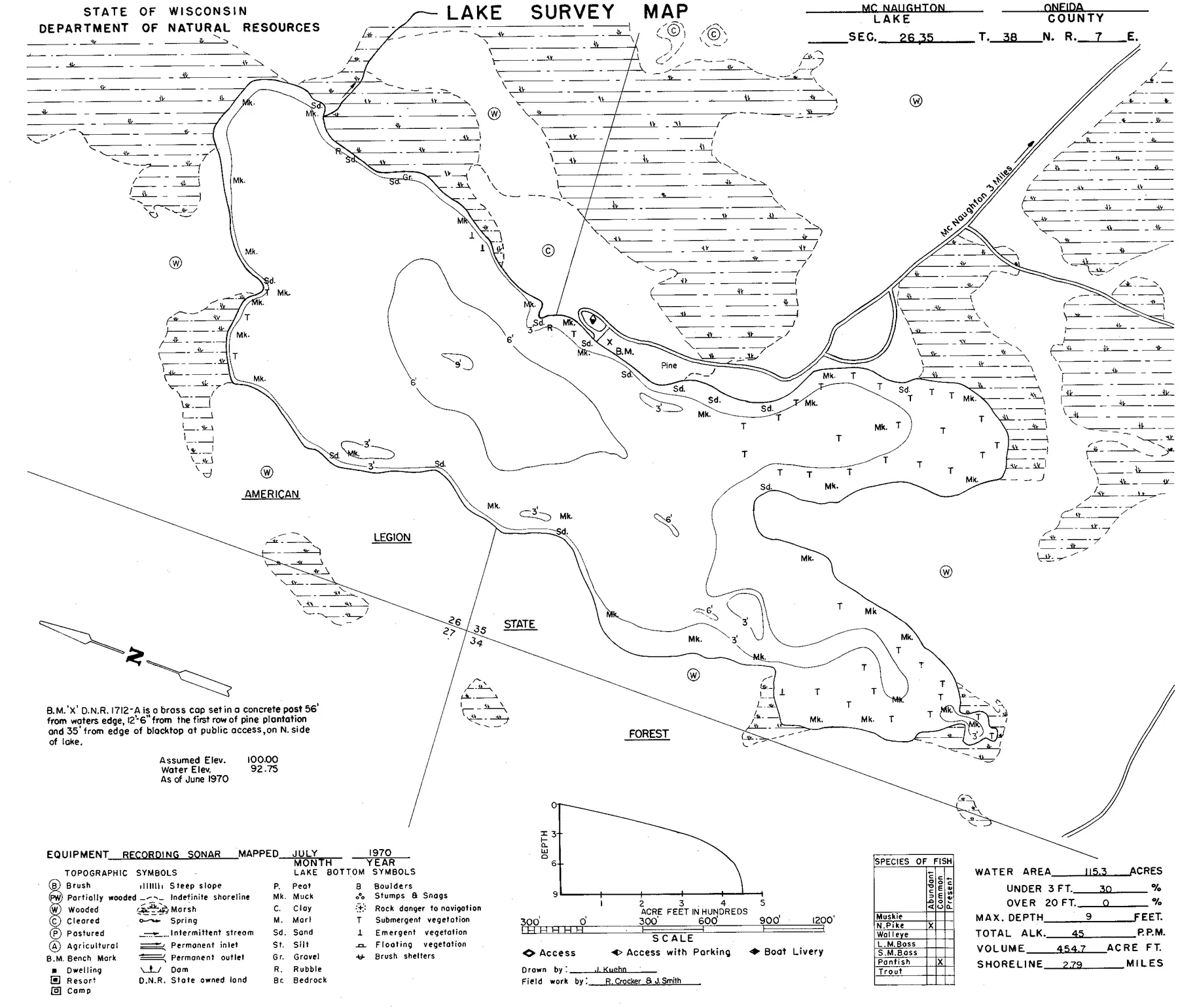 McNaughton Lake historical Wisconsin DNR depth map sheet 1