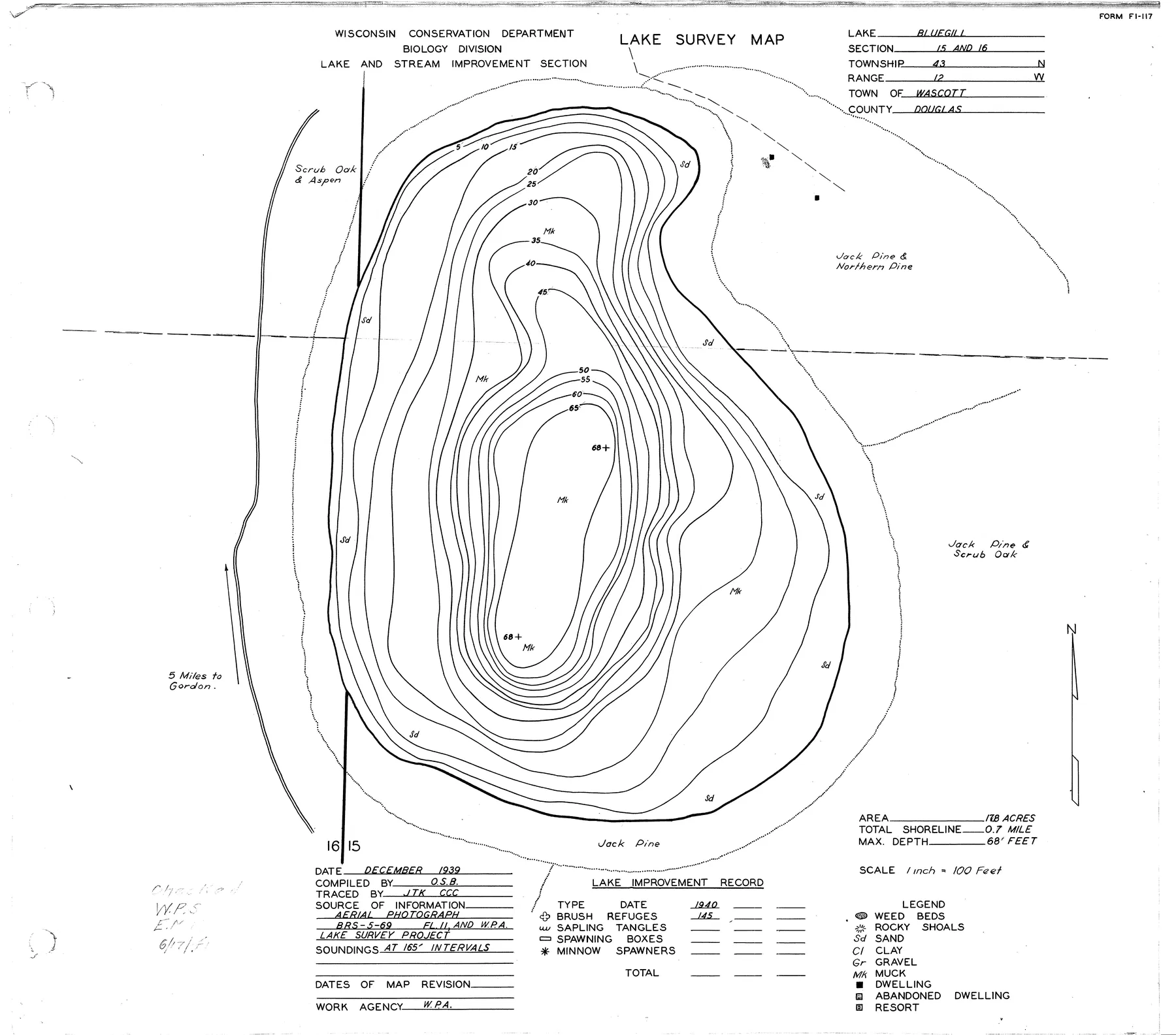Bluegill Lake historical Wisconsin DNR depth map sheet 1