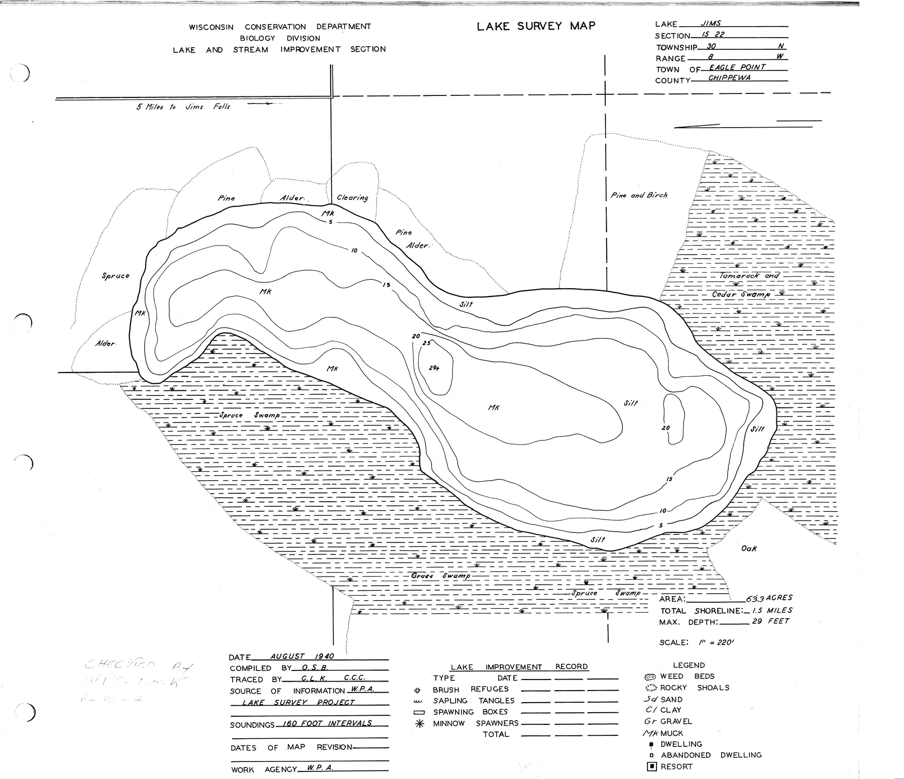 Jim Lake historical Wisconsin DNR depth map sheet 1