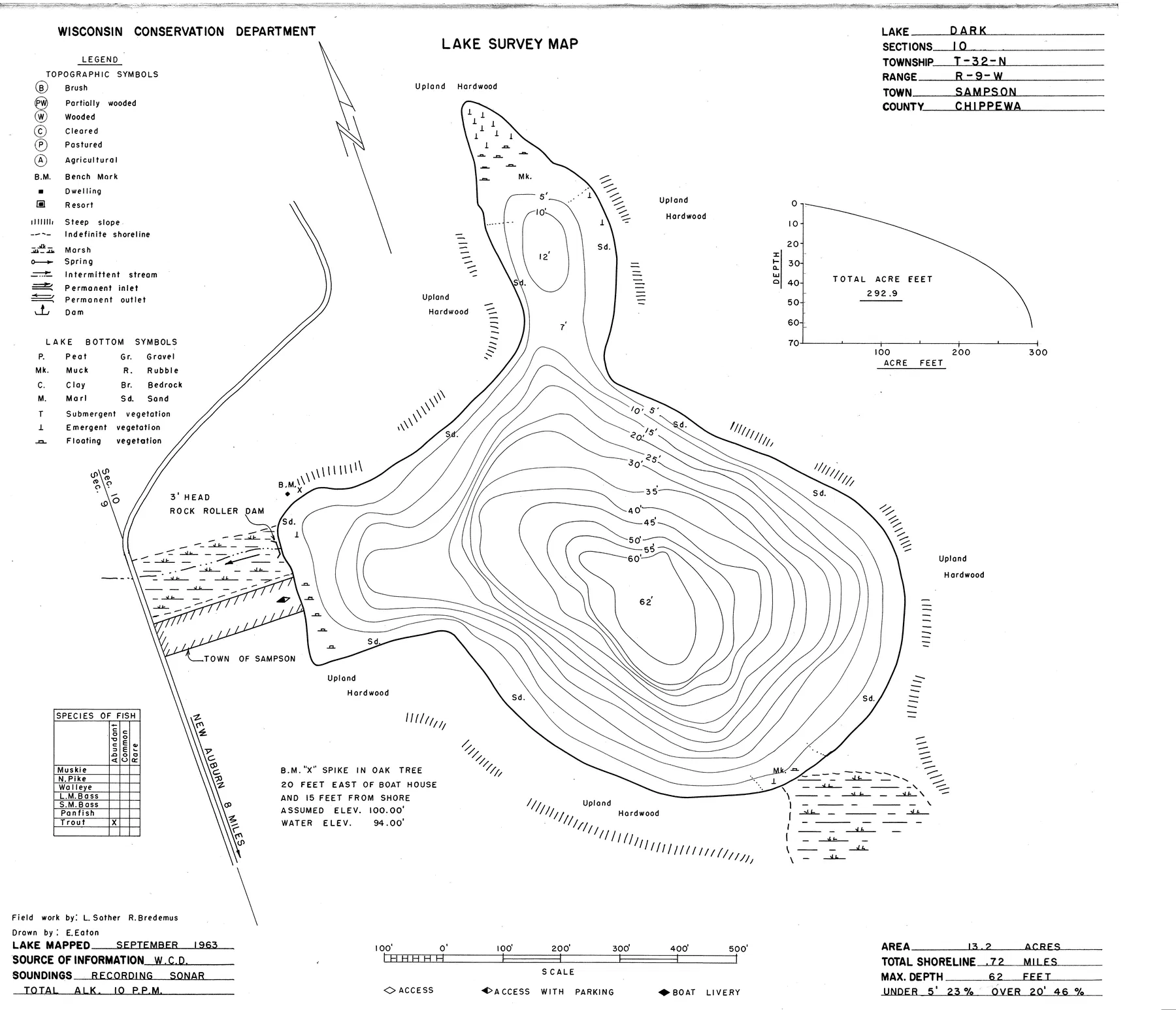 Dark Lake historical Wisconsin DNR depth map sheet 1