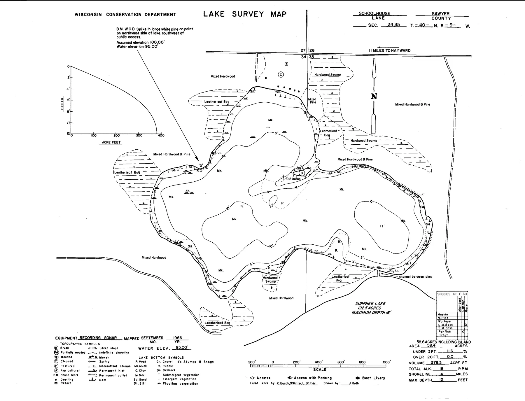 Schoolhouse Lake historical Wisconsin DNR depth map sheet 1