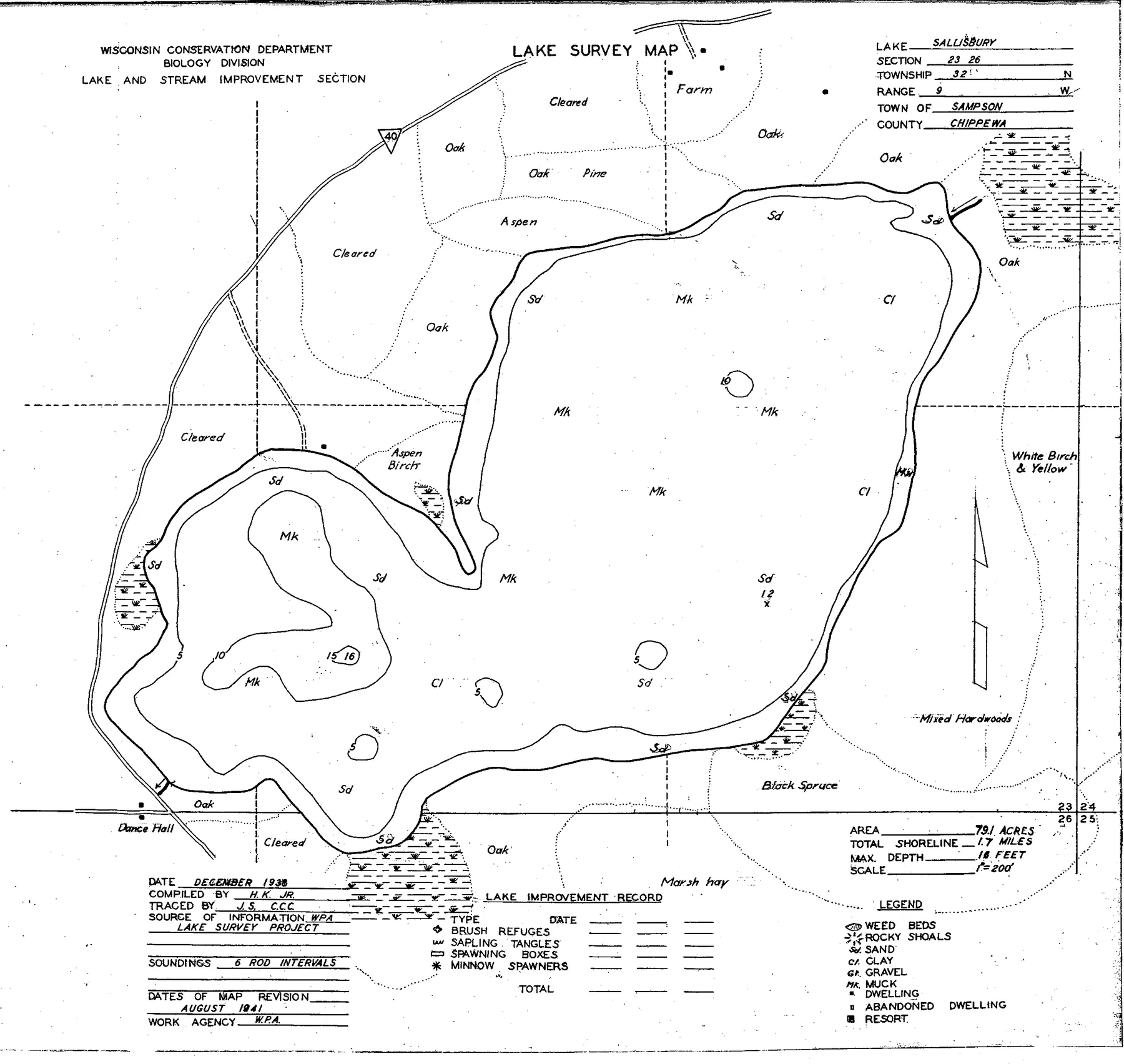 Salisbury Lake historical Wisconsin DNR depth map sheet 1