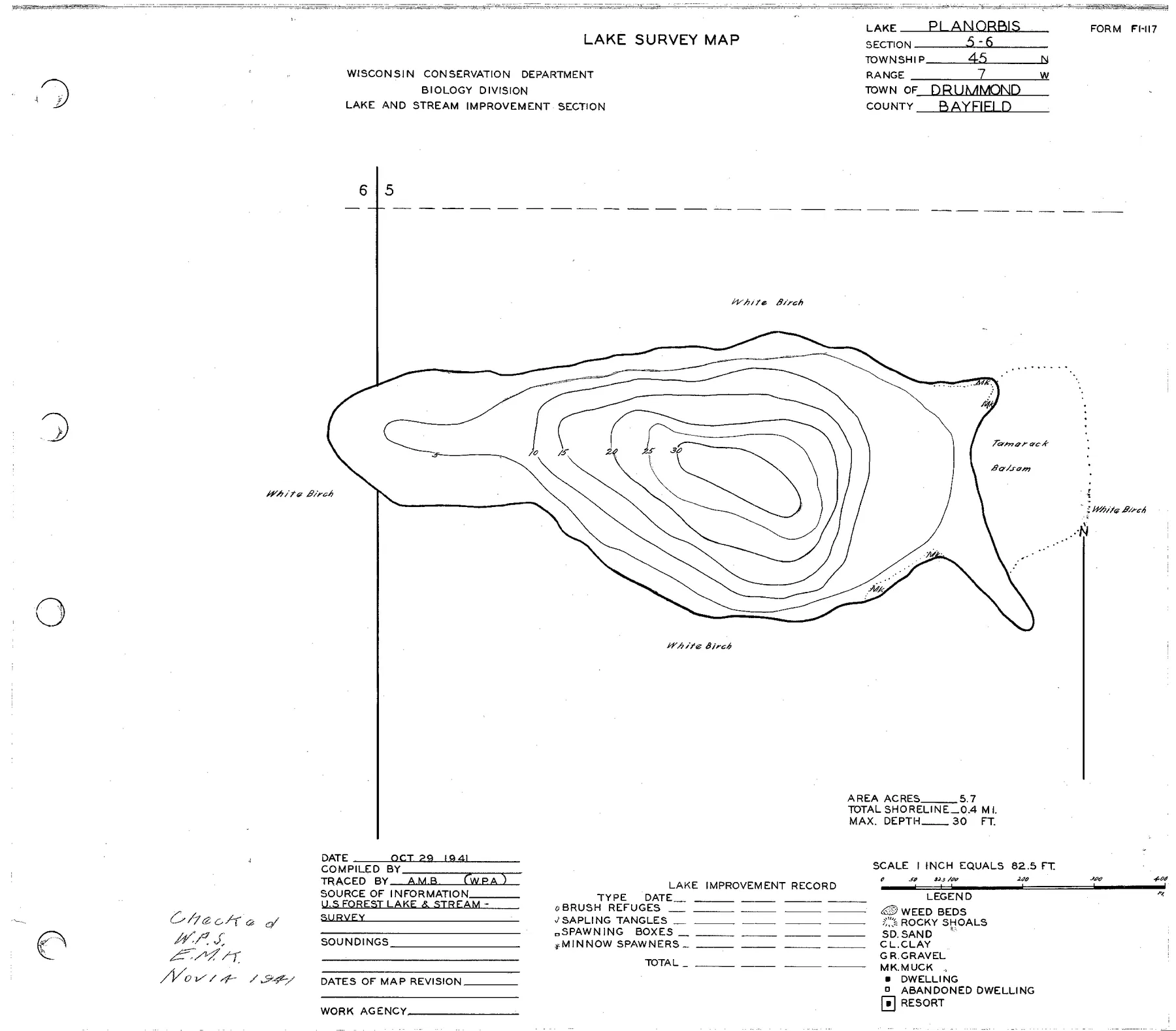 Planorbis Lake historical Wisconsin DNR depth map sheet 1